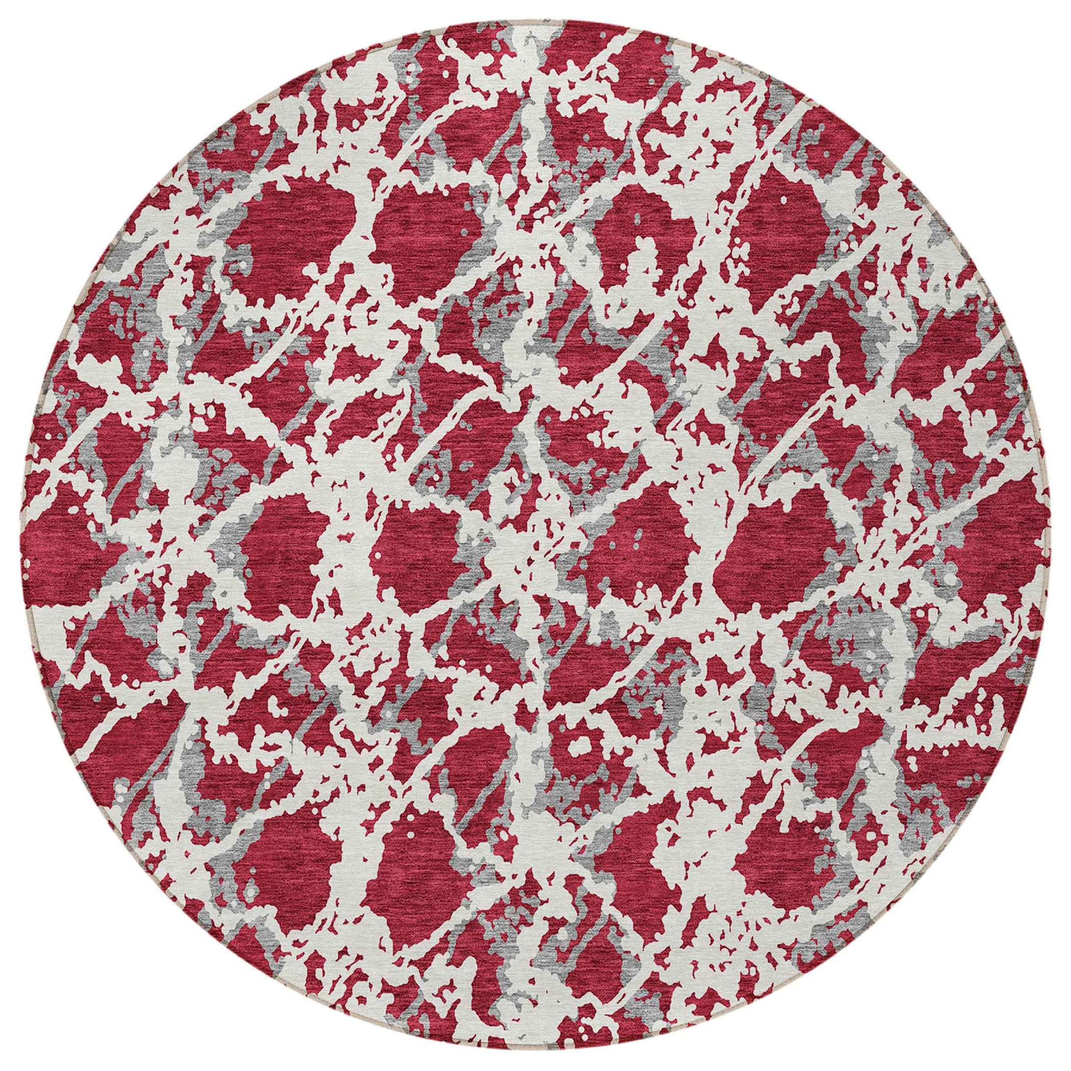 8' Burgundy And Ivory Round Abstract Washable Indoor Outdoor Area Rug