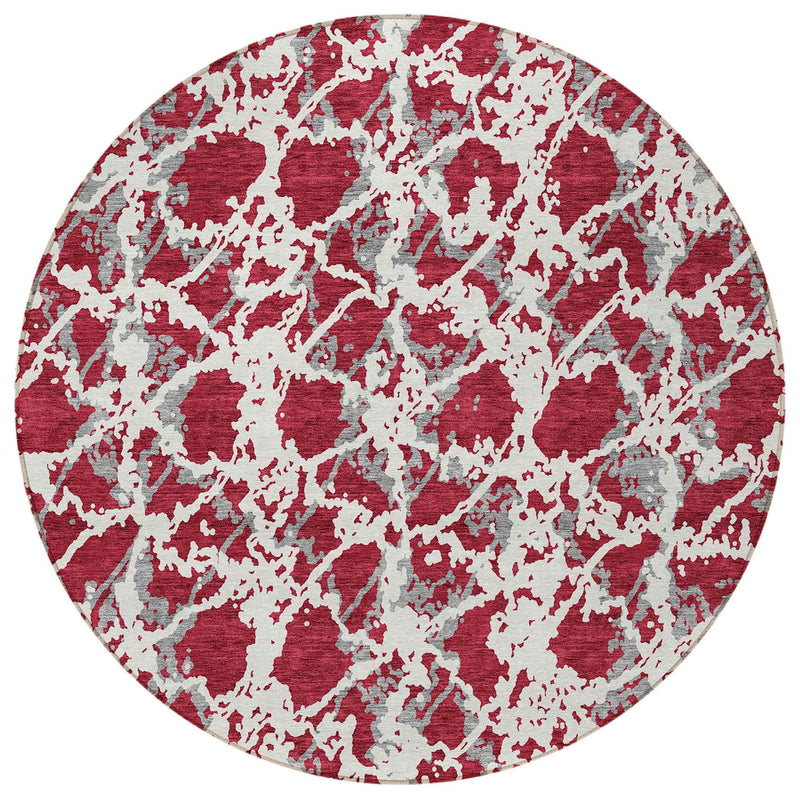 8' Burgundy And Ivory Round Abstract Washable Indoor Outdoor Area Rug