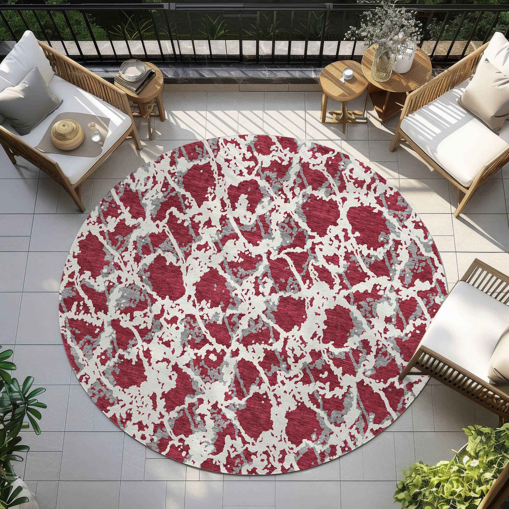 8' Burgundy And Ivory Round Abstract Washable Indoor Outdoor Area Rug
