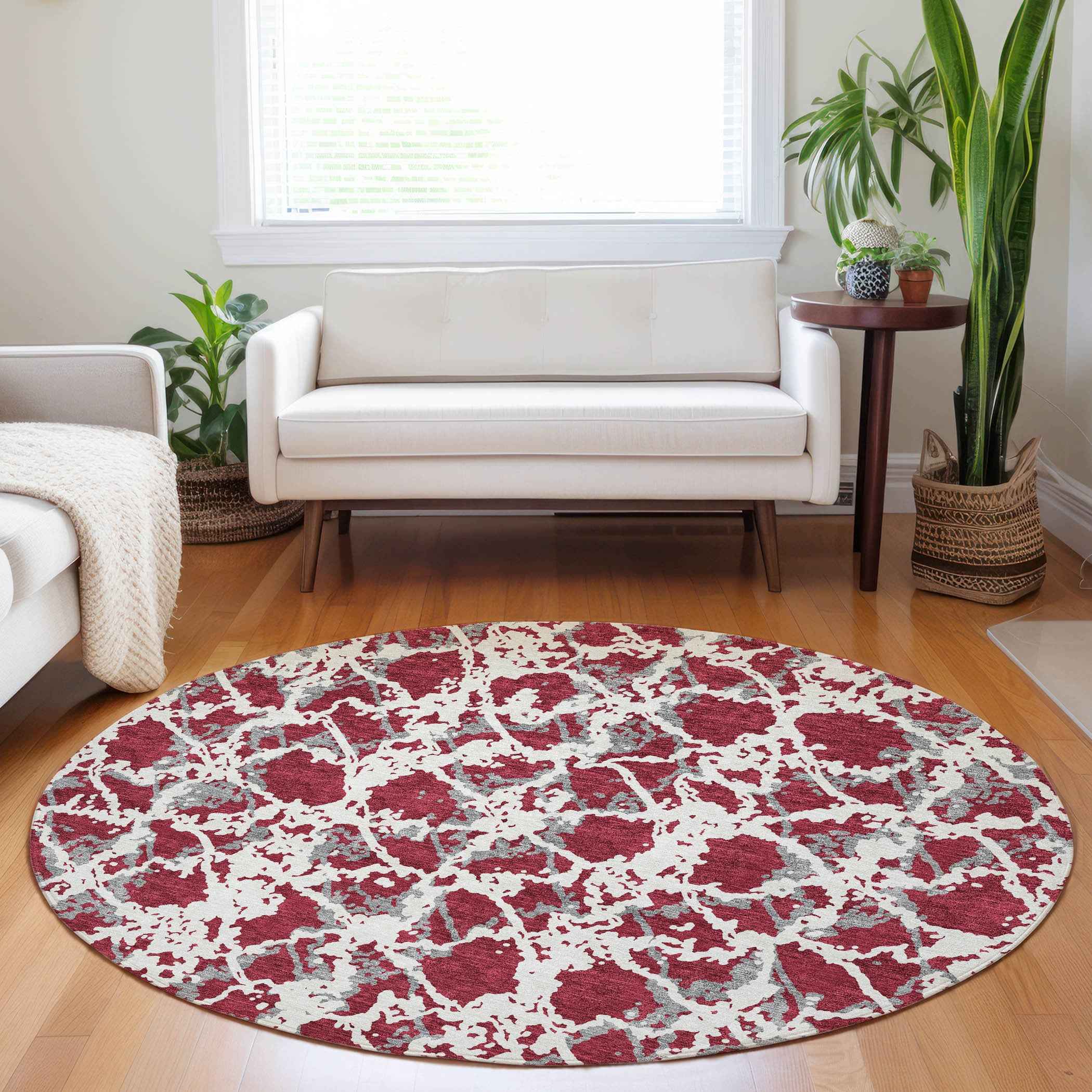 8' Burgundy And Ivory Round Abstract Washable Indoor Outdoor Area Rug
