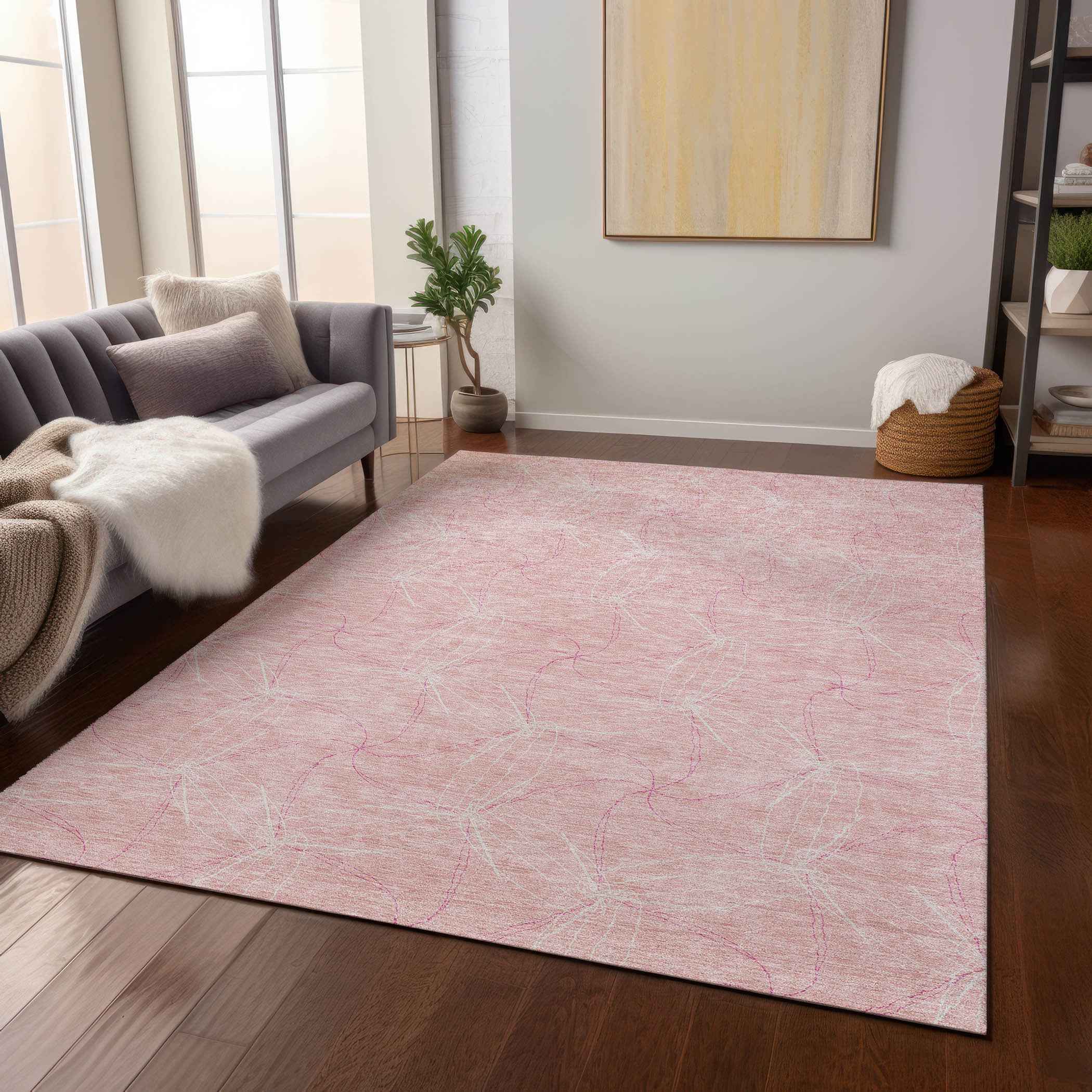3' X 5' Pink And Ivory Geometric Washable Indoor Outdoor Area Rug