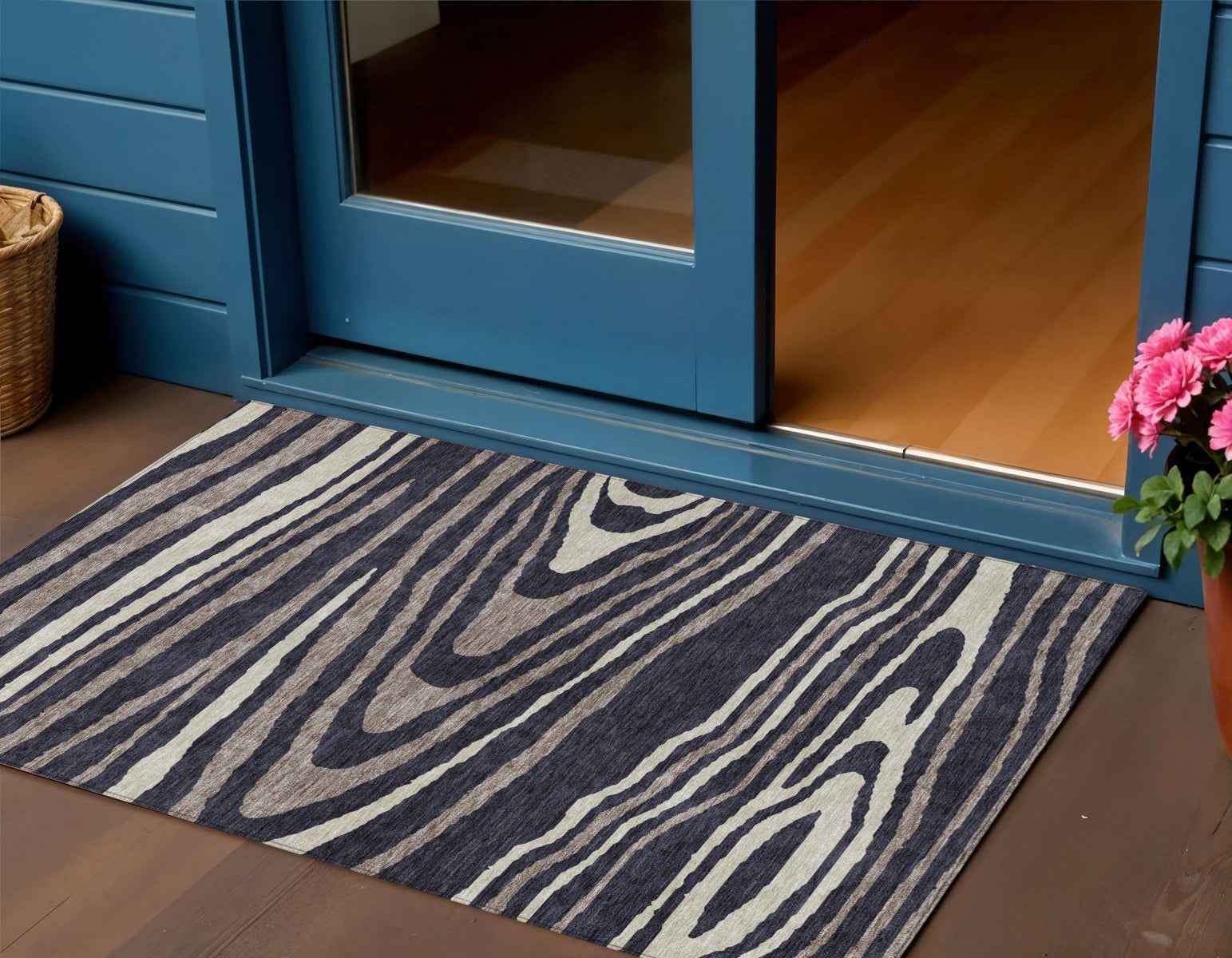 3' X 5' Black Taupe And Beige Faux Bois Washable Indoor Outdoor Area Rug