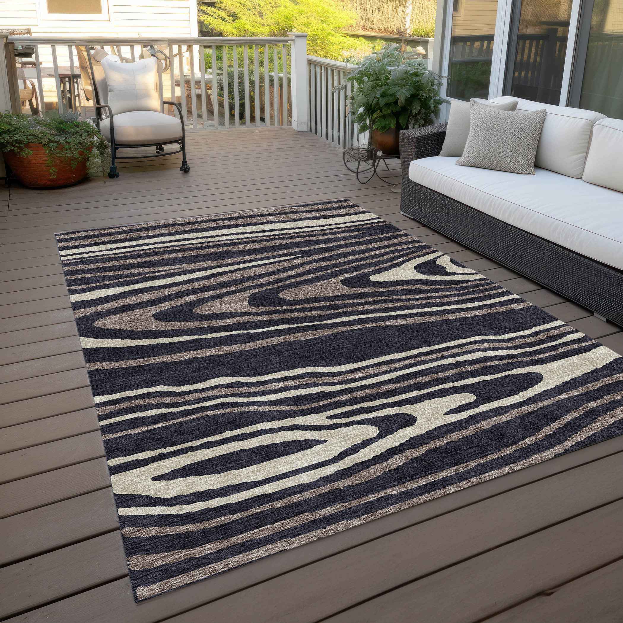 3' X 5' Black Taupe And Beige Faux Bois Washable Indoor Outdoor Area Rug