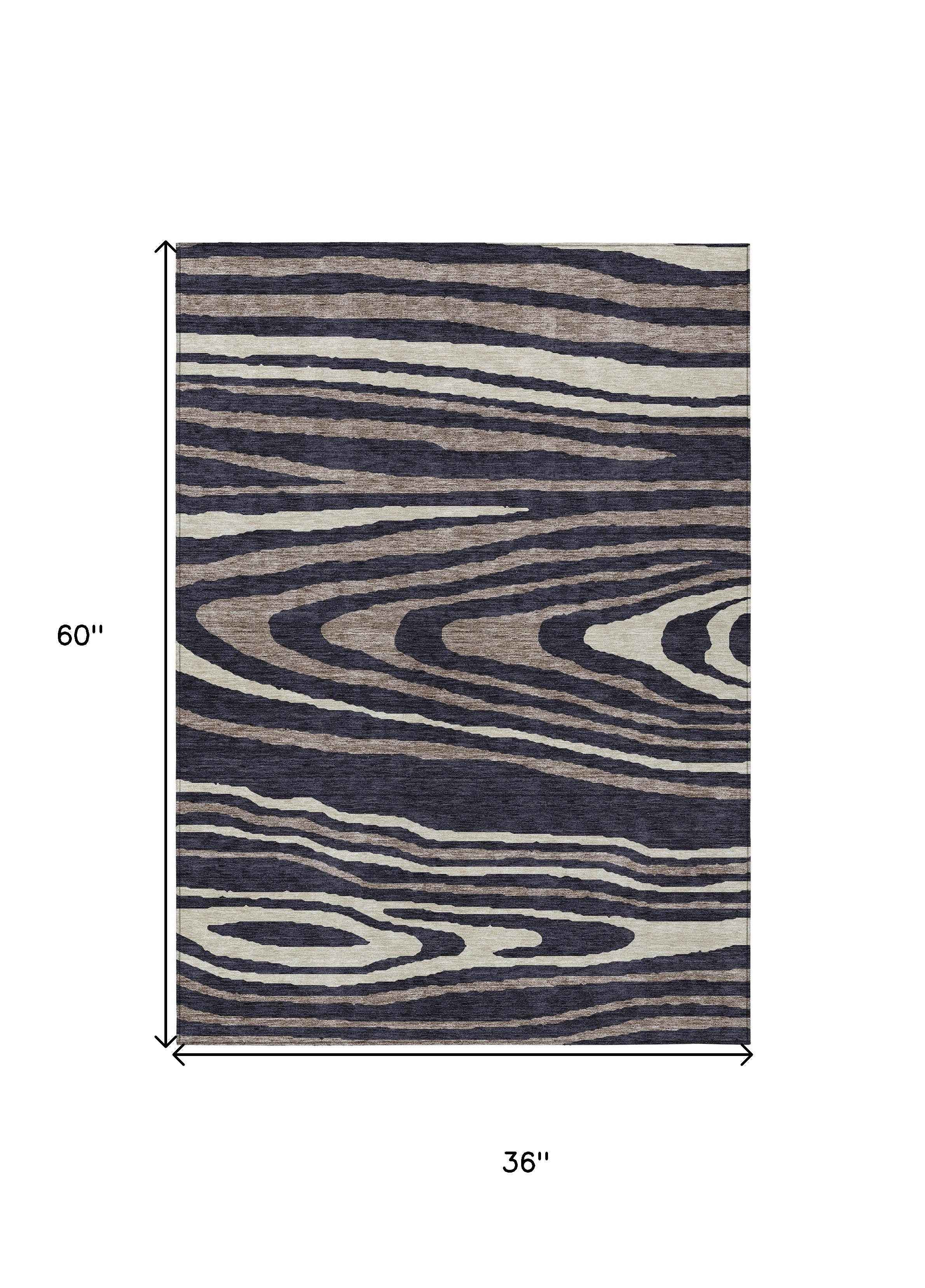 3' X 5' Black Taupe And Beige Faux Bois Washable Indoor Outdoor Area Rug