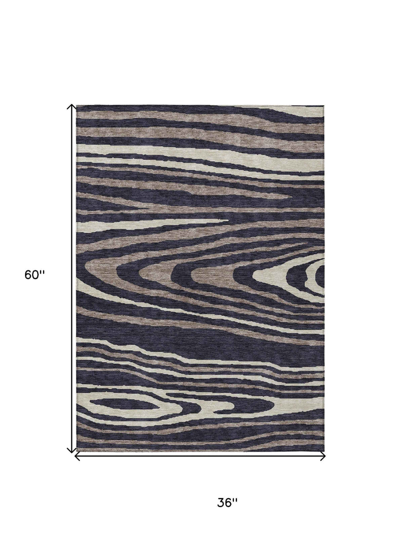 3' X 5' Black Taupe And Beige Faux Bois Washable Indoor Outdoor Area Rug