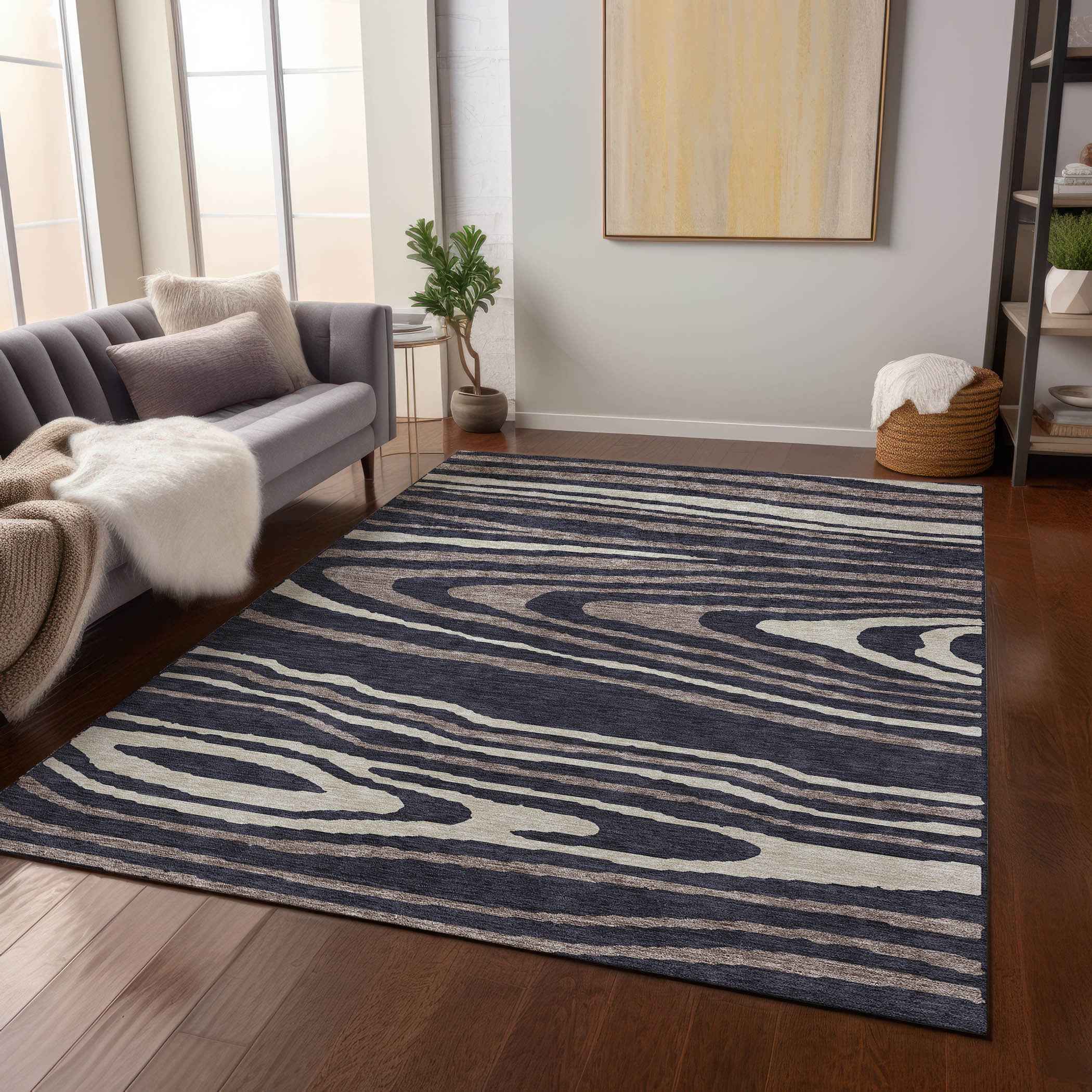 3' X 5' Black Taupe And Beige Faux Bois Washable Indoor Outdoor Area Rug