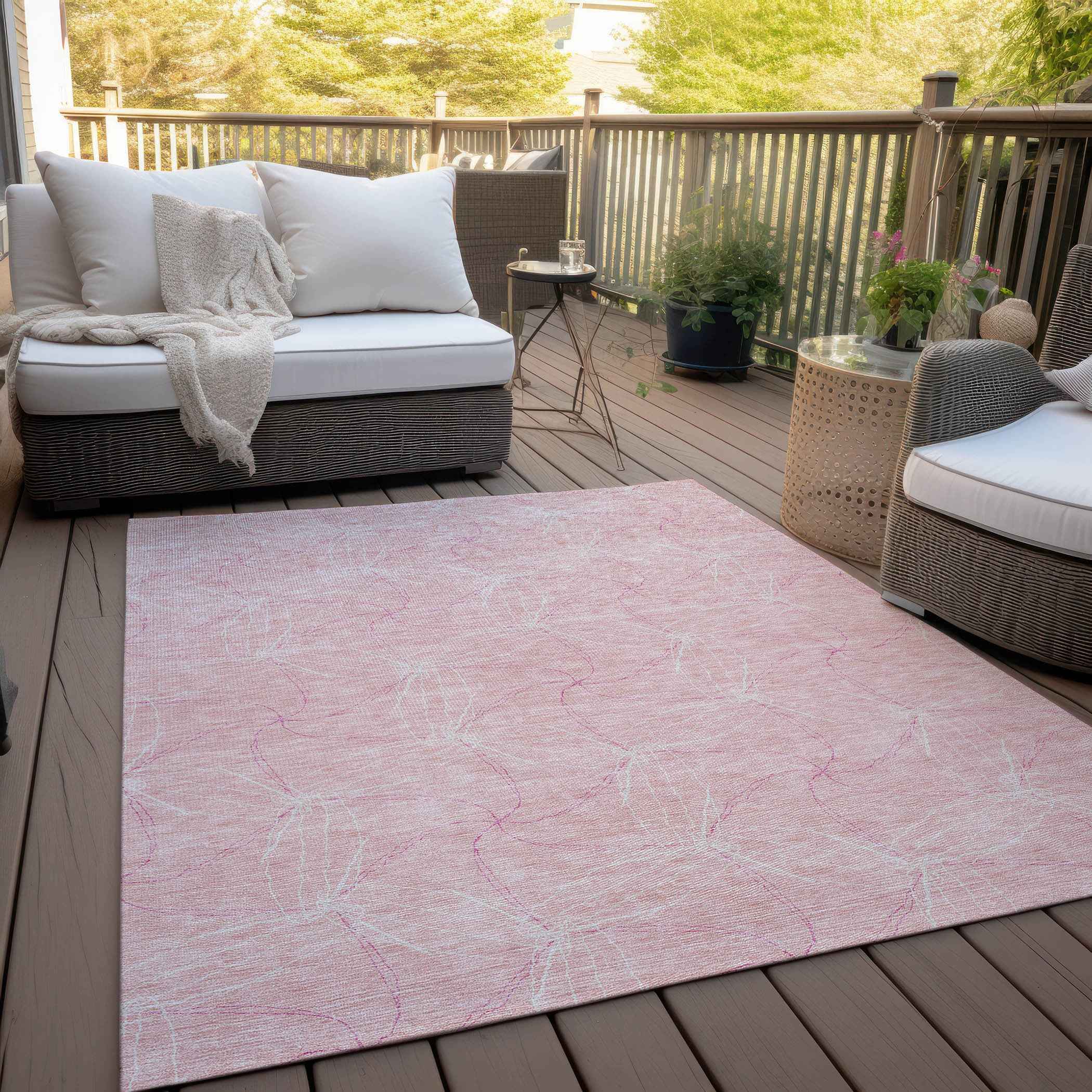 10' X 14' Pink And Ivory Geometric Washable Indoor Outdoor Area Rug