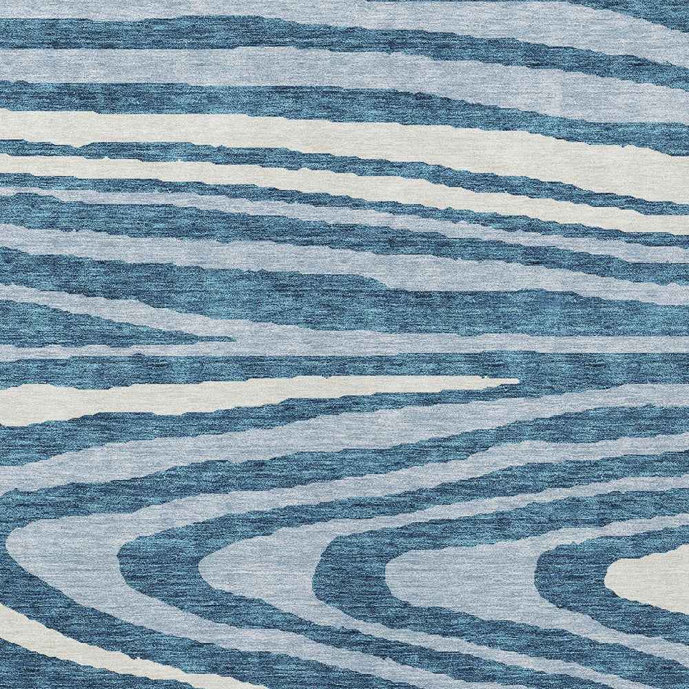 5' X 8' Navy Blue Denim Blue And Ivory Faux Bois Washable Indoor Outdoor Area Rug