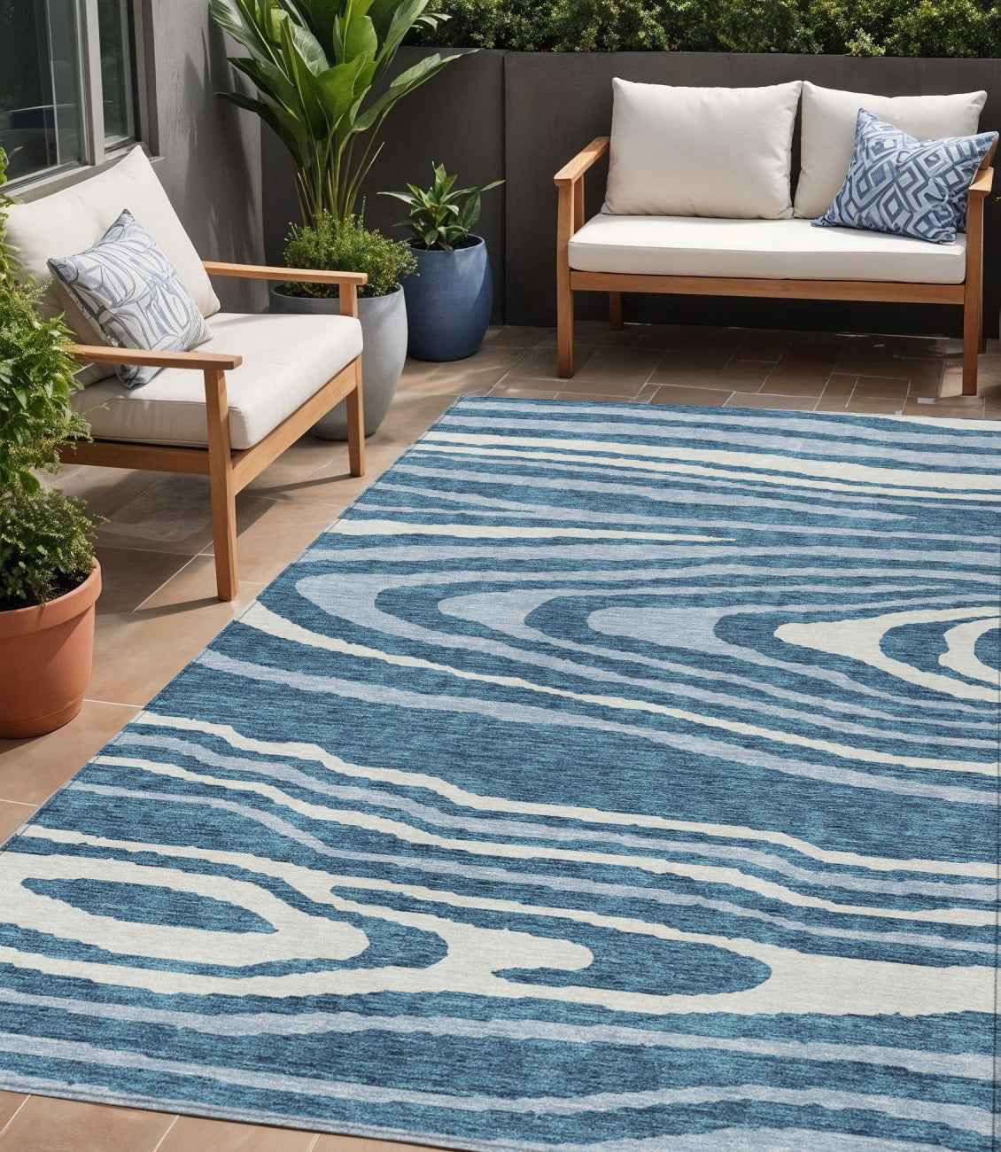 5' X 8' Navy Blue Denim Blue And Ivory Faux Bois Washable Indoor Outdoor Area Rug