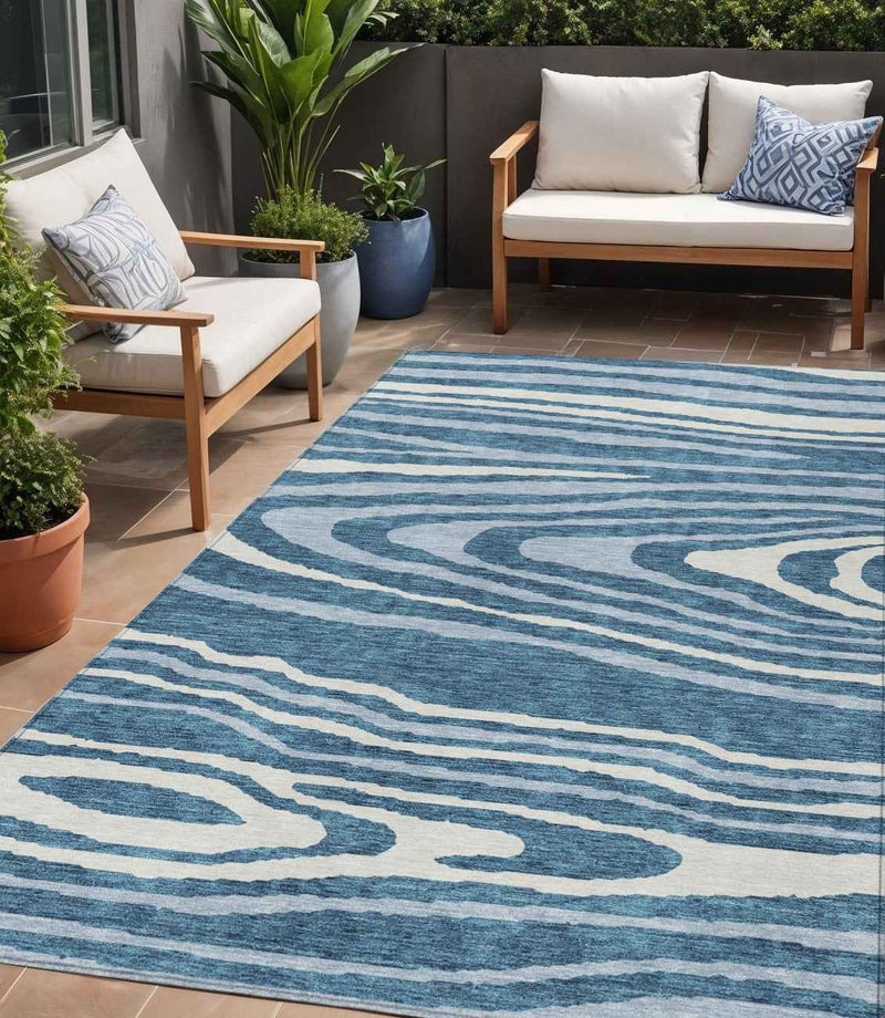5' X 8' Navy Blue Denim Blue And Ivory Faux Bois Washable Indoor Outdoor Area Rug