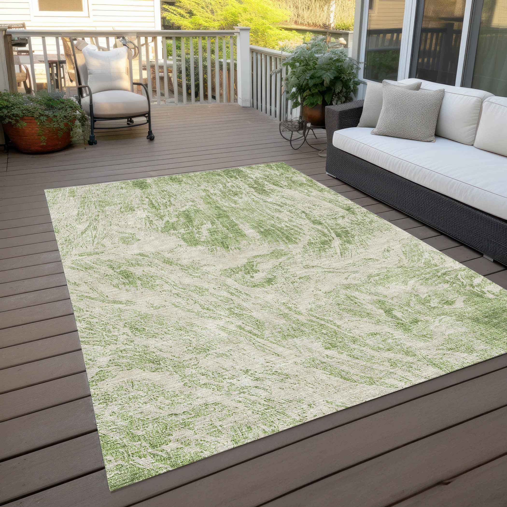 9' X 12' Sage And Ivory Abstract Washable Indoor Outdoor Area Rug