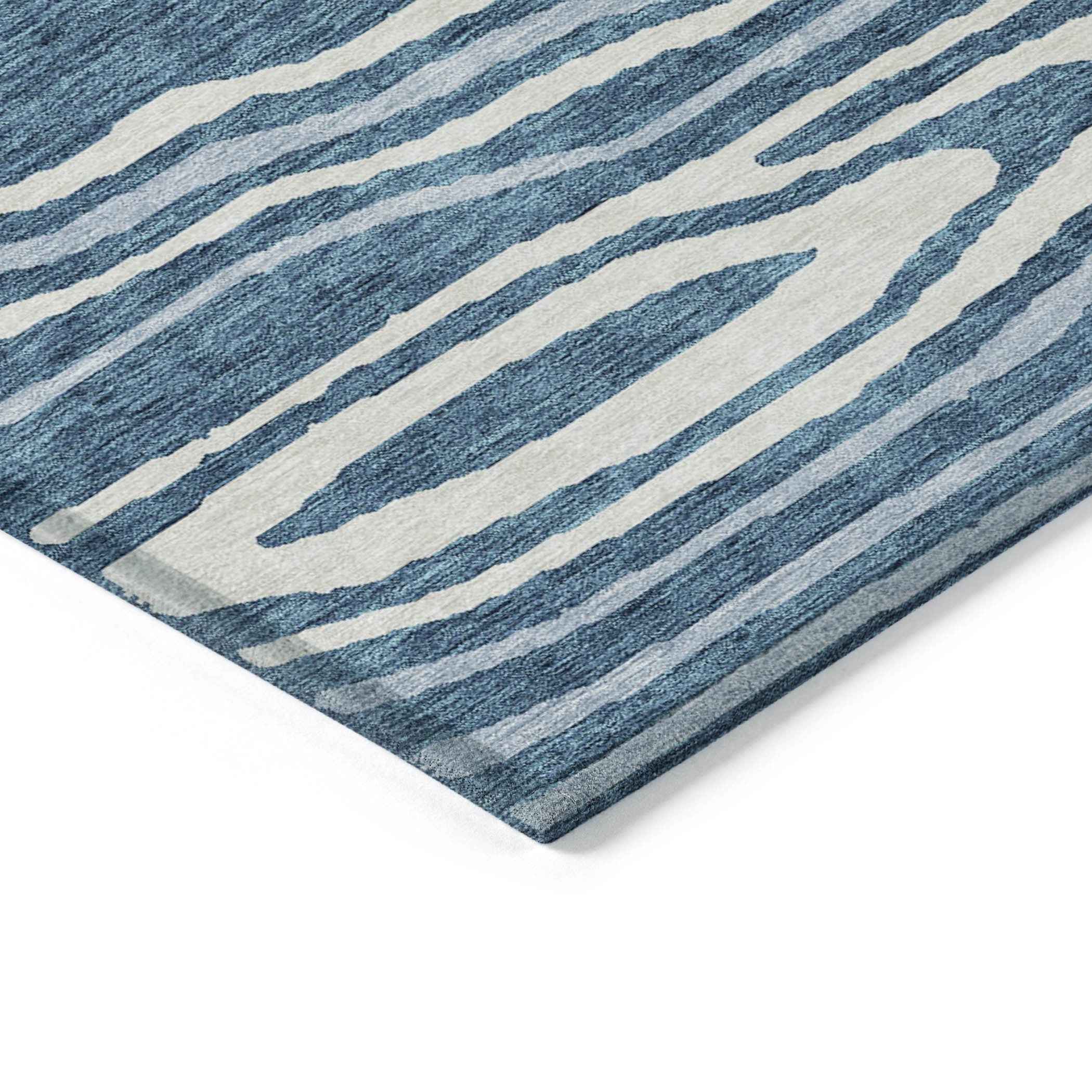 5' X 8' Navy Blue Denim Blue And Ivory Faux Bois Washable Indoor Outdoor Area Rug