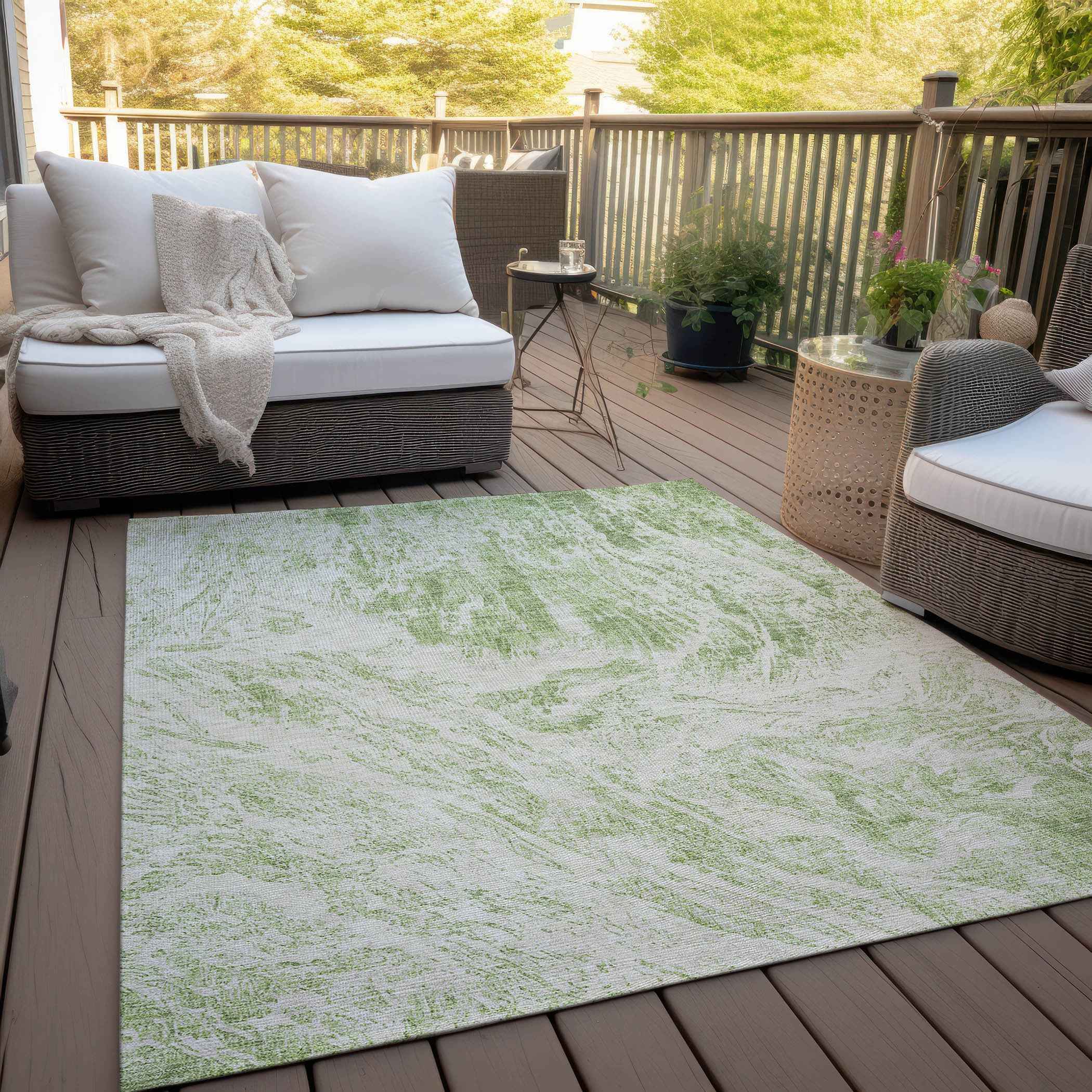9' X 12' Sage And Ivory Abstract Washable Indoor Outdoor Area Rug
