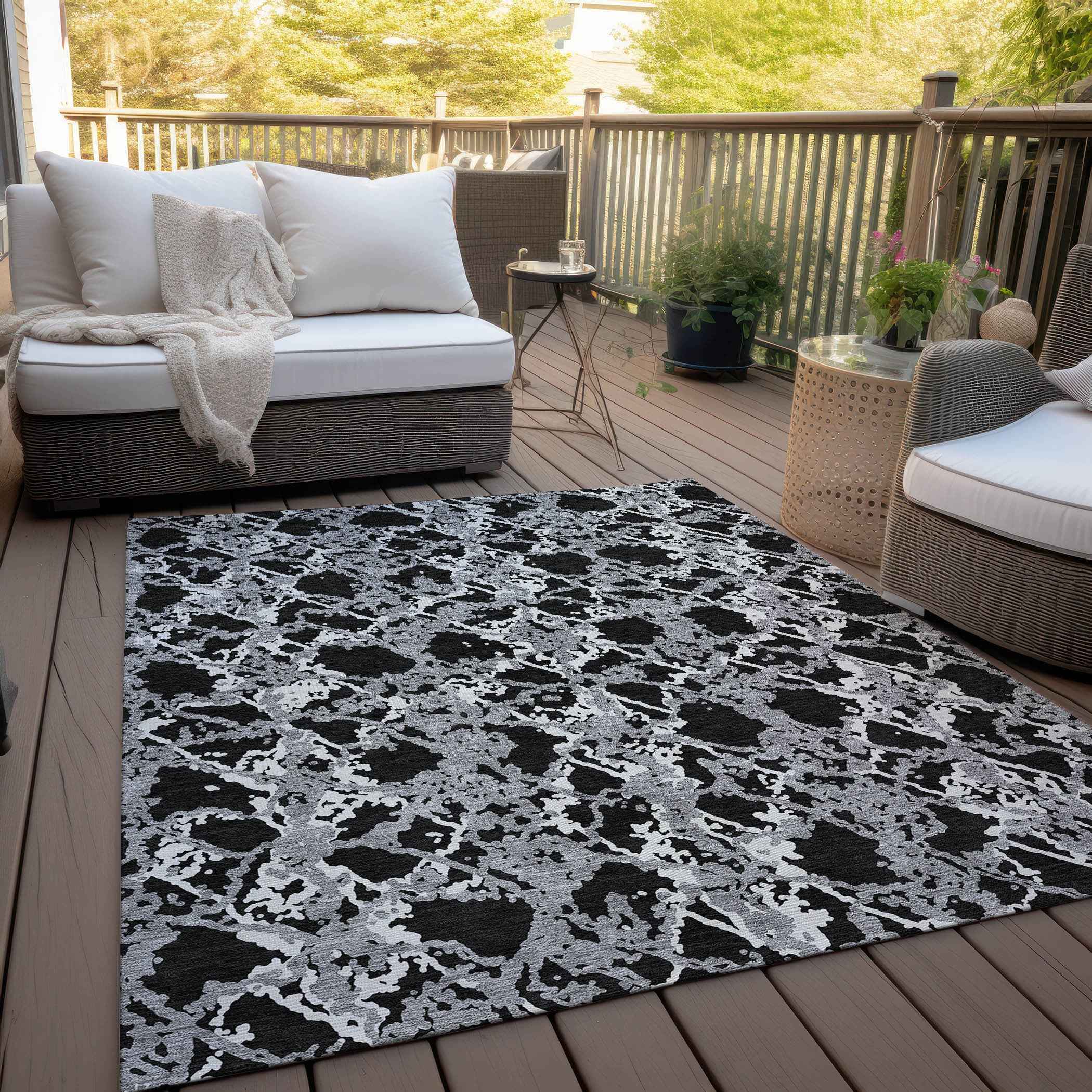 10' X 14' Black And Gray Abstract Washable Indoor Outdoor Area Rug