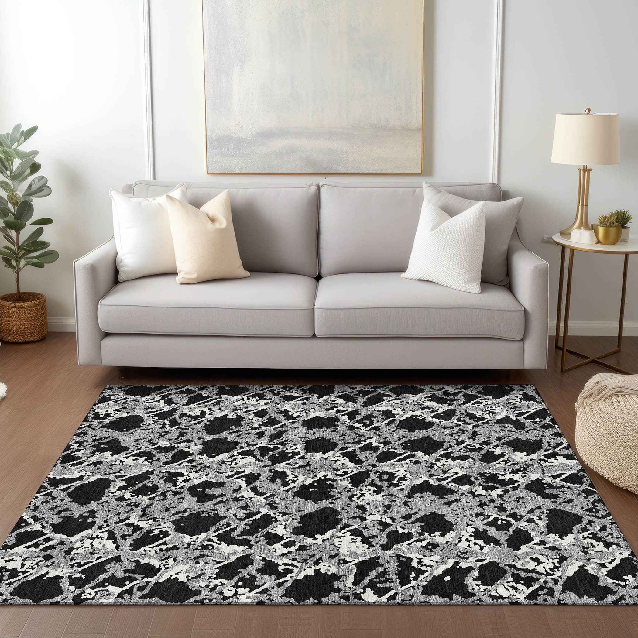 10' X 14' Black And Gray Abstract Washable Indoor Outdoor Area Rug