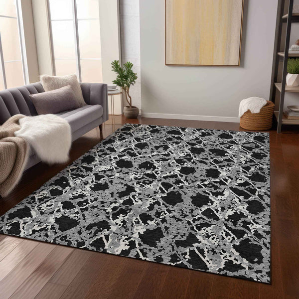 9' X 12' Black And Gray Abstract Washable Indoor Outdoor Area Rug