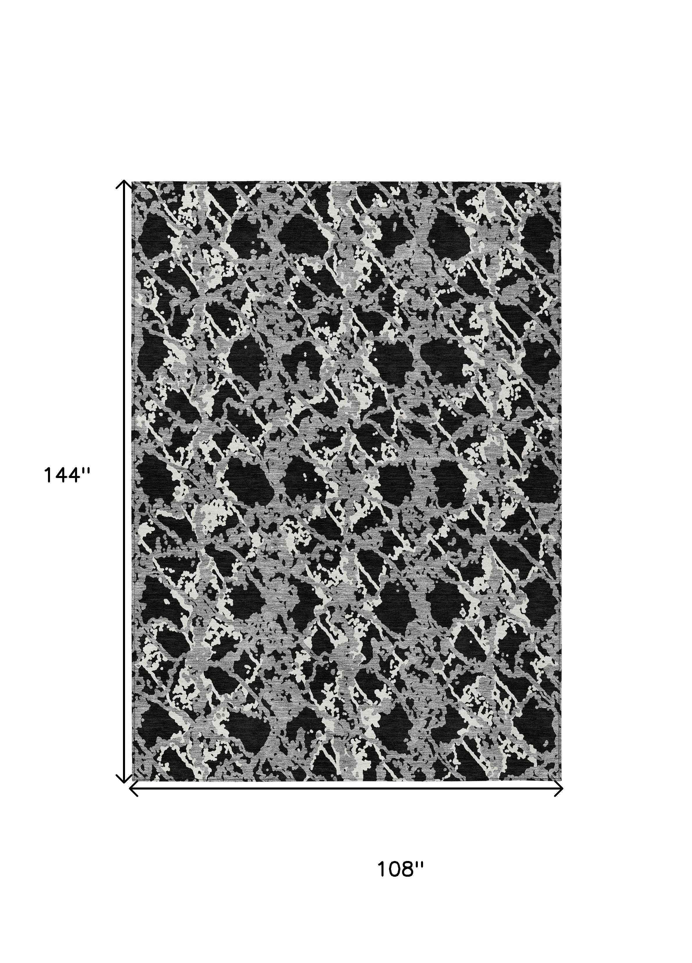 9' X 12' Black And Gray Abstract Washable Indoor Outdoor Area Rug