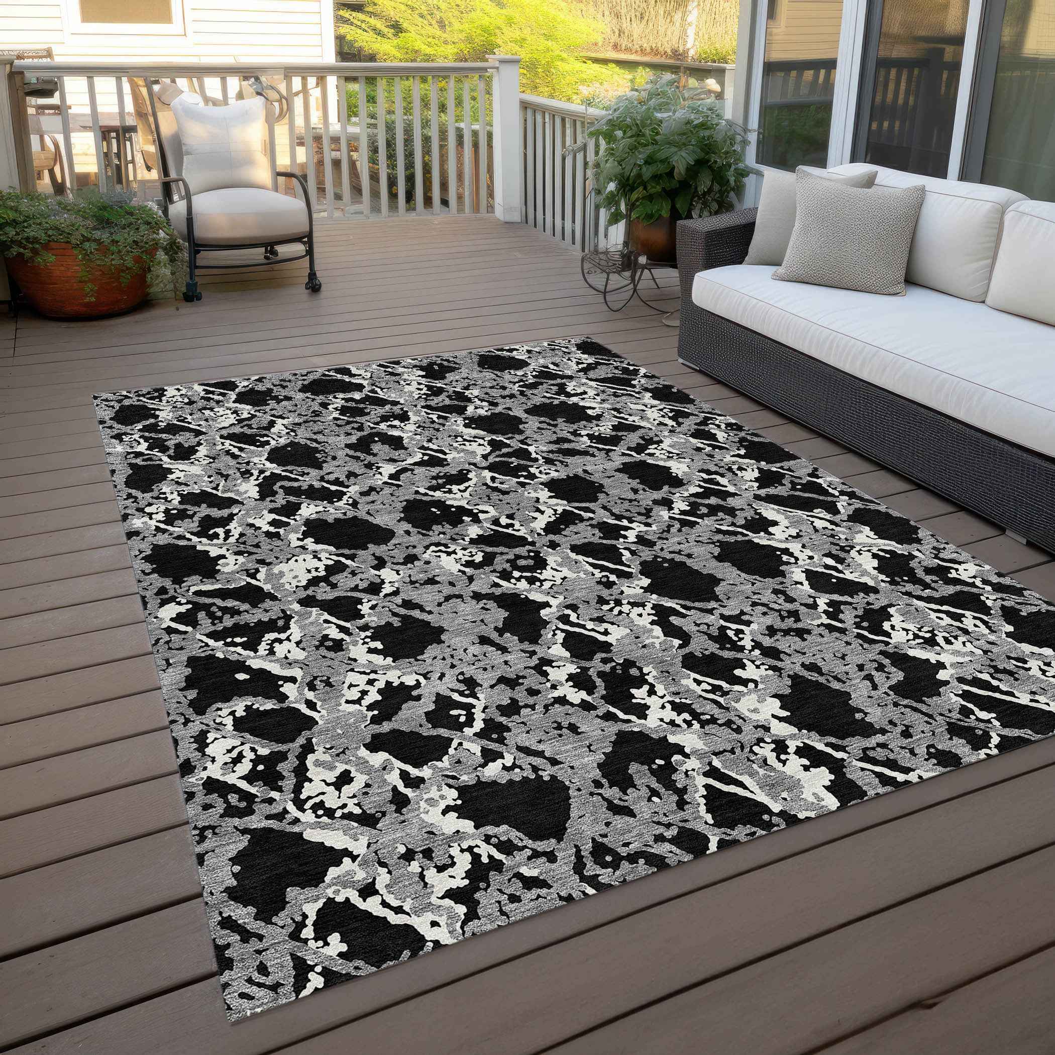 9' X 12' Black And Gray Abstract Washable Indoor Outdoor Area Rug