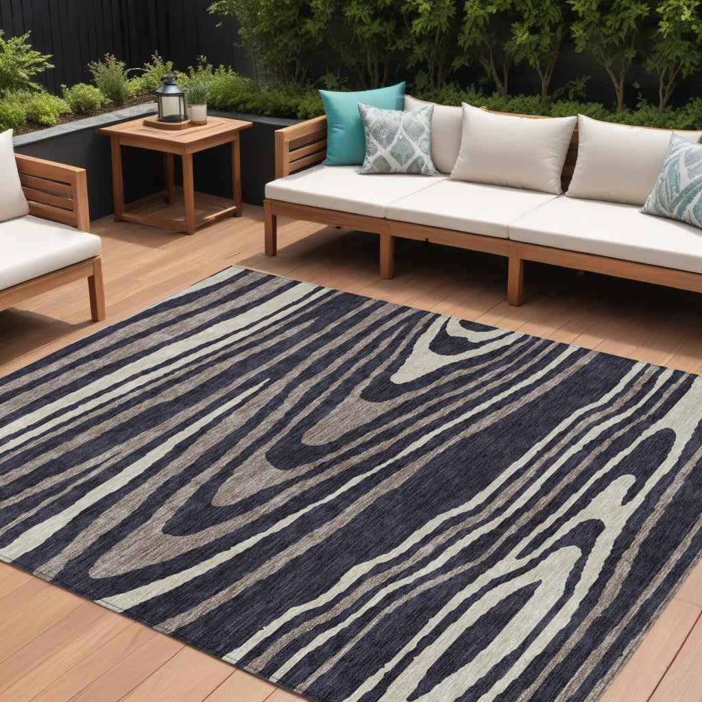 10' X 14' Black Taupe And Beige Faux Bois Washable Indoor Outdoor Area Rug