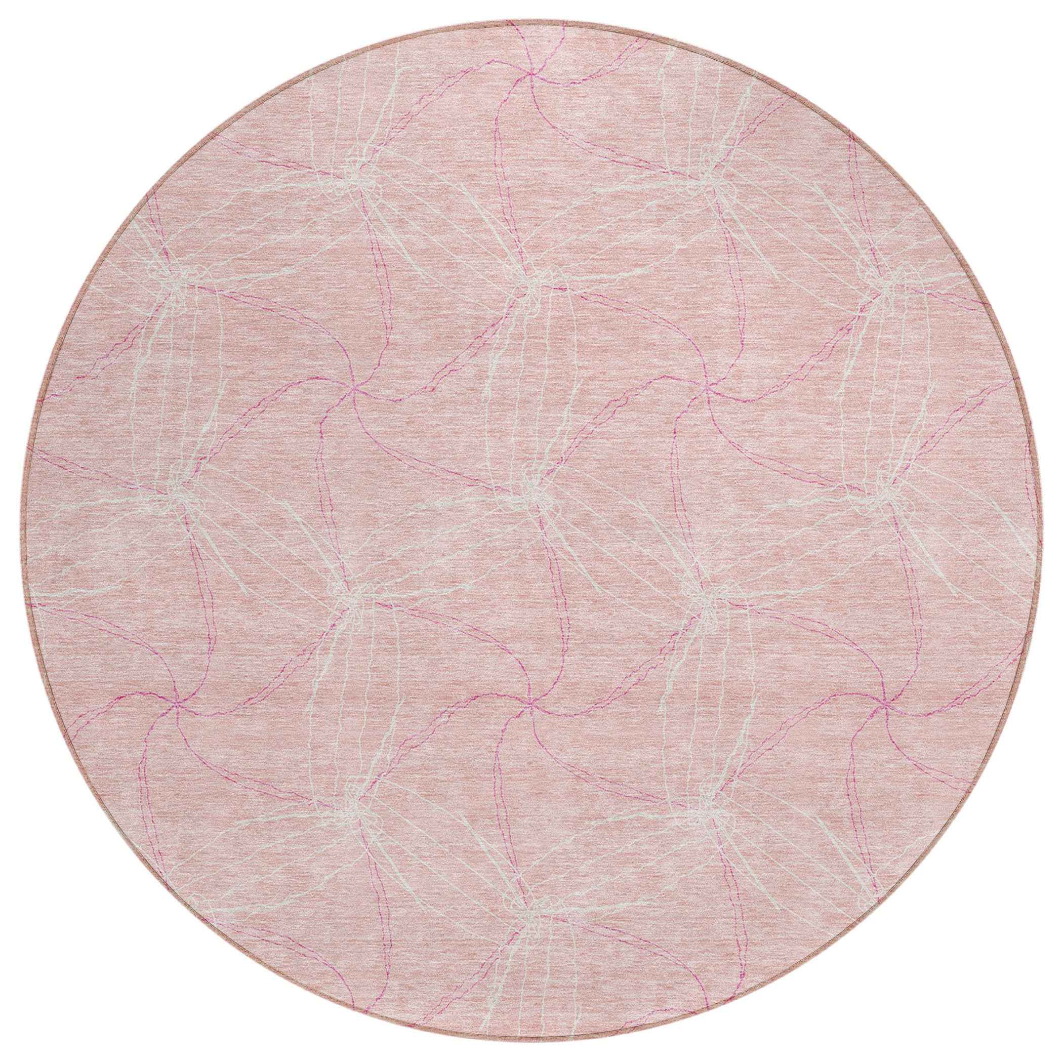 8' Pink And Ivory Round Geometric Washable Indoor Outdoor Area Rug