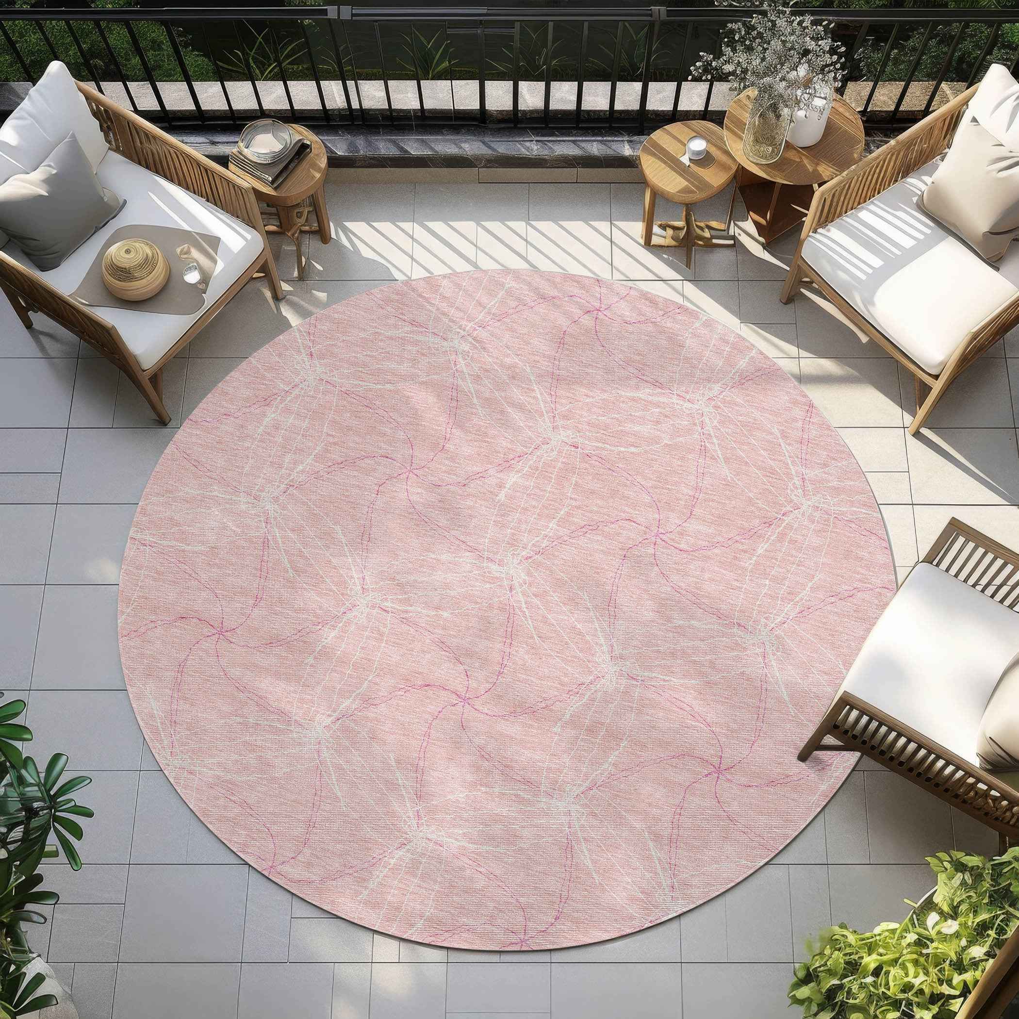 8' Pink And Ivory Round Geometric Washable Indoor Outdoor Area Rug