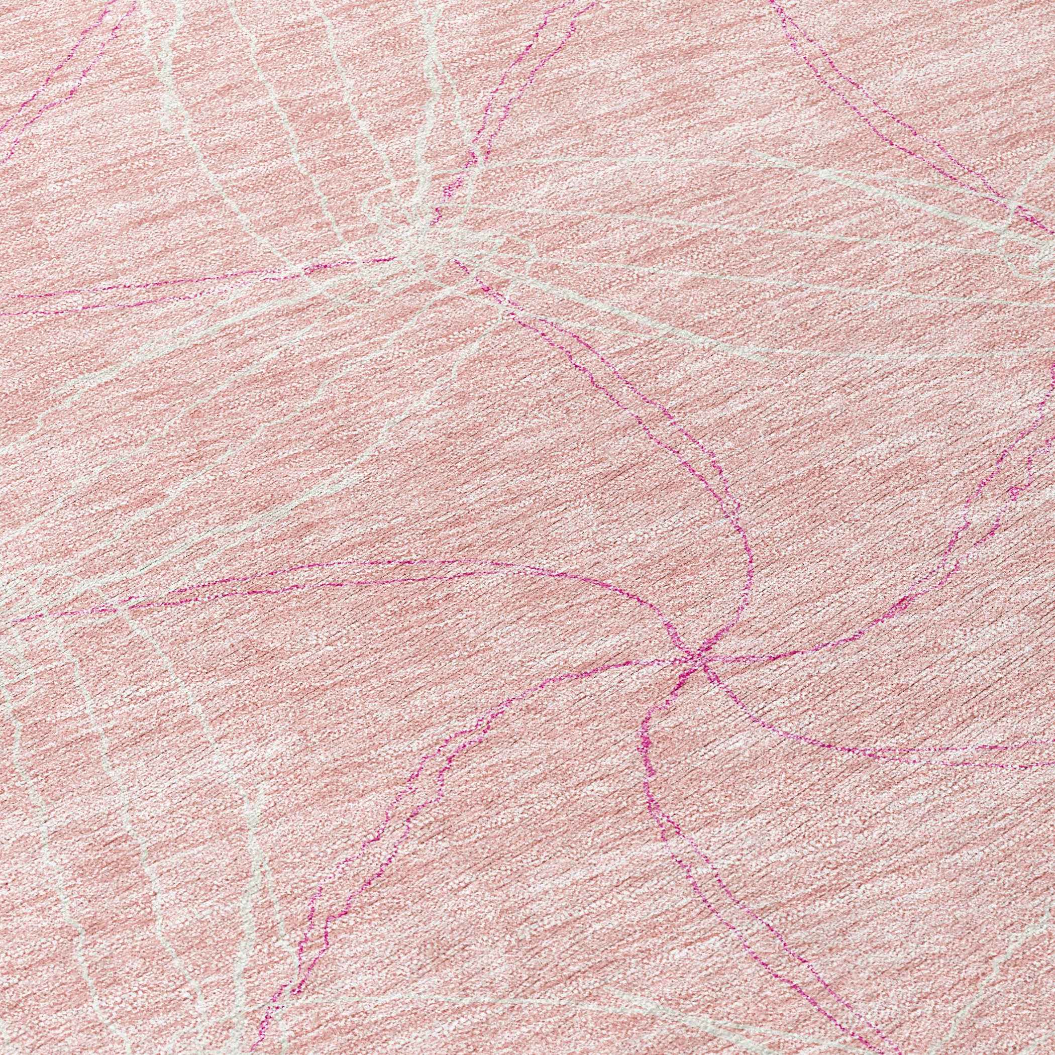 8' Pink And Ivory Round Geometric Washable Indoor Outdoor Area Rug