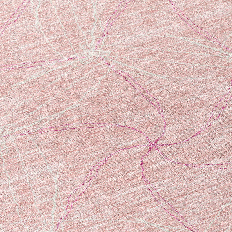 8' Pink And Ivory Round Geometric Washable Indoor Outdoor Area Rug