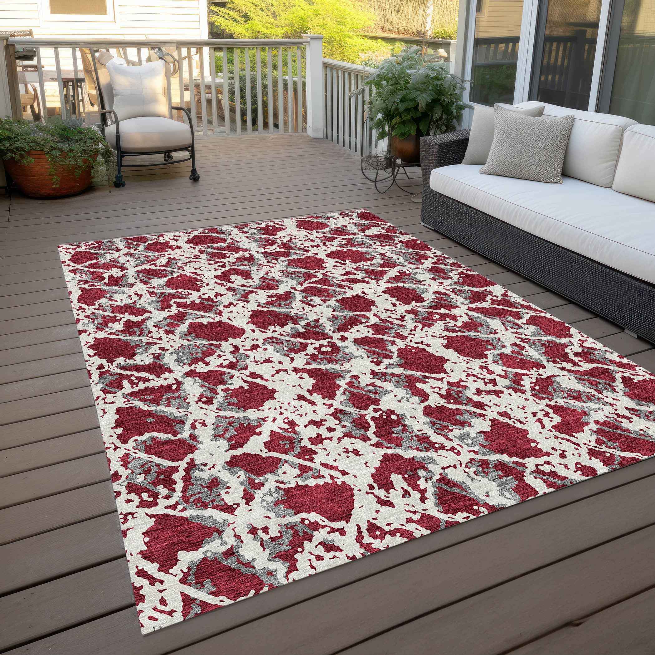 5' X 8' Burgundy And Ivory Abstract Washable Indoor Outdoor Area Rug