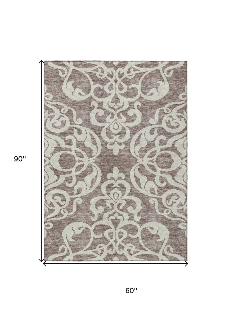 5' X 8' Taupe And Ivory Damask Washable Indoor Outdoor Area Rug