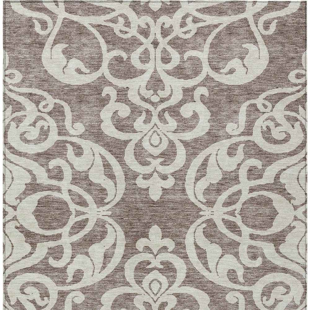 5' X 8' Taupe And Ivory Damask Washable Indoor Outdoor Area Rug