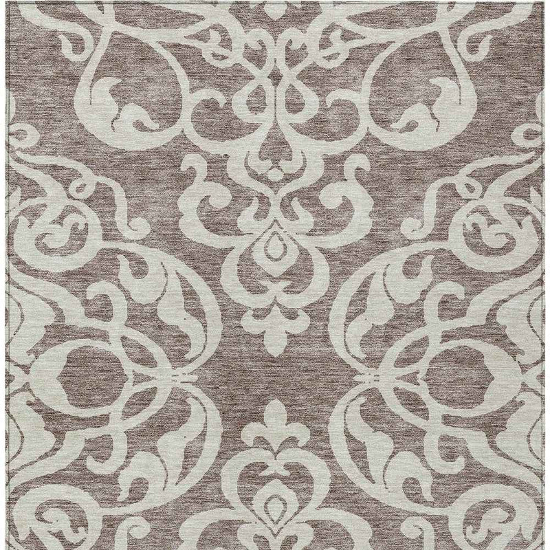 5' X 8' Taupe And Ivory Damask Washable Indoor Outdoor Area Rug