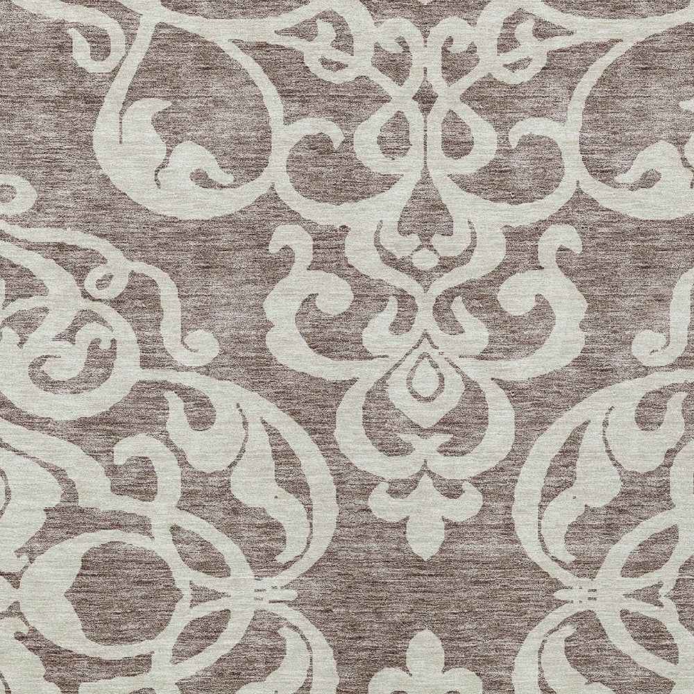 5' X 8' Taupe And Ivory Damask Washable Indoor Outdoor Area Rug