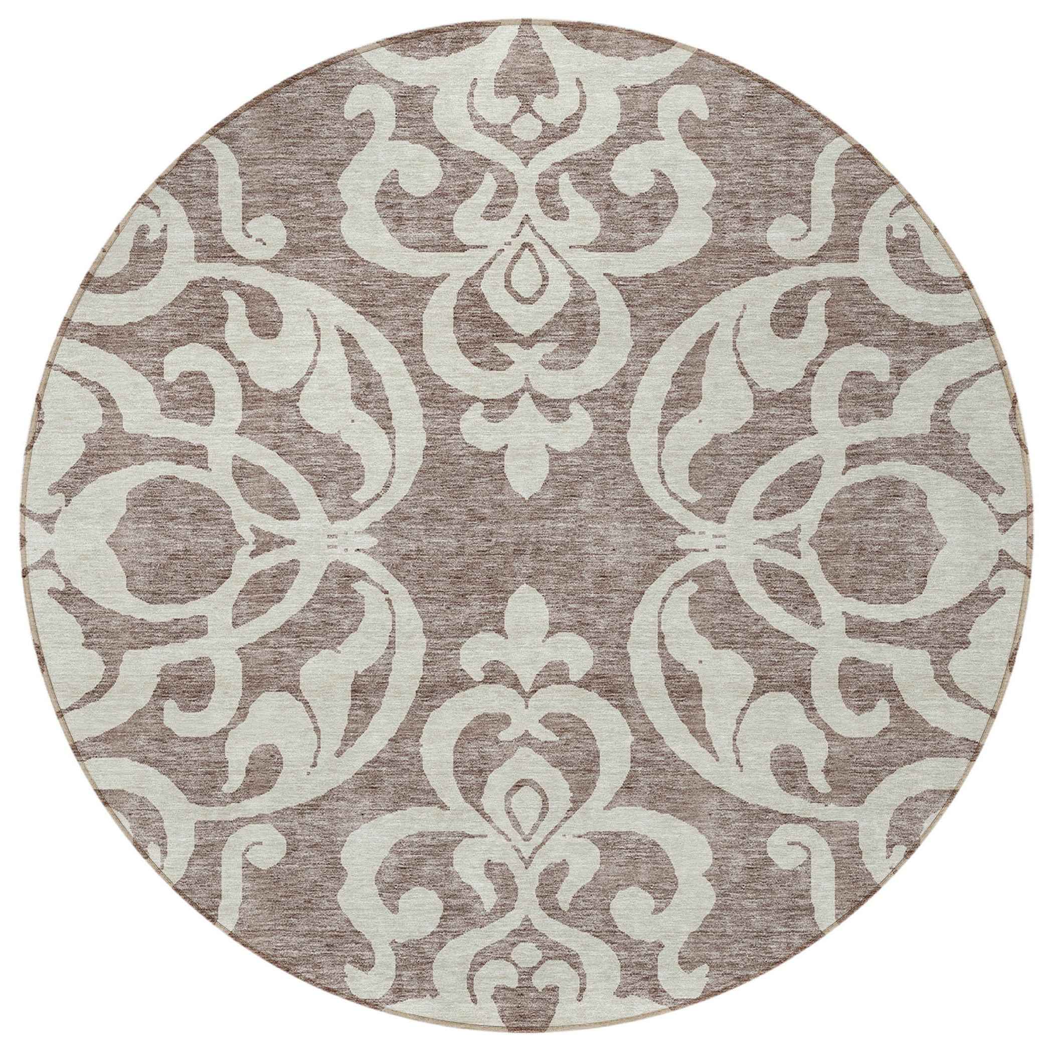 8' Taupe And Ivory Round Damask Washable Indoor Outdoor Area Rug