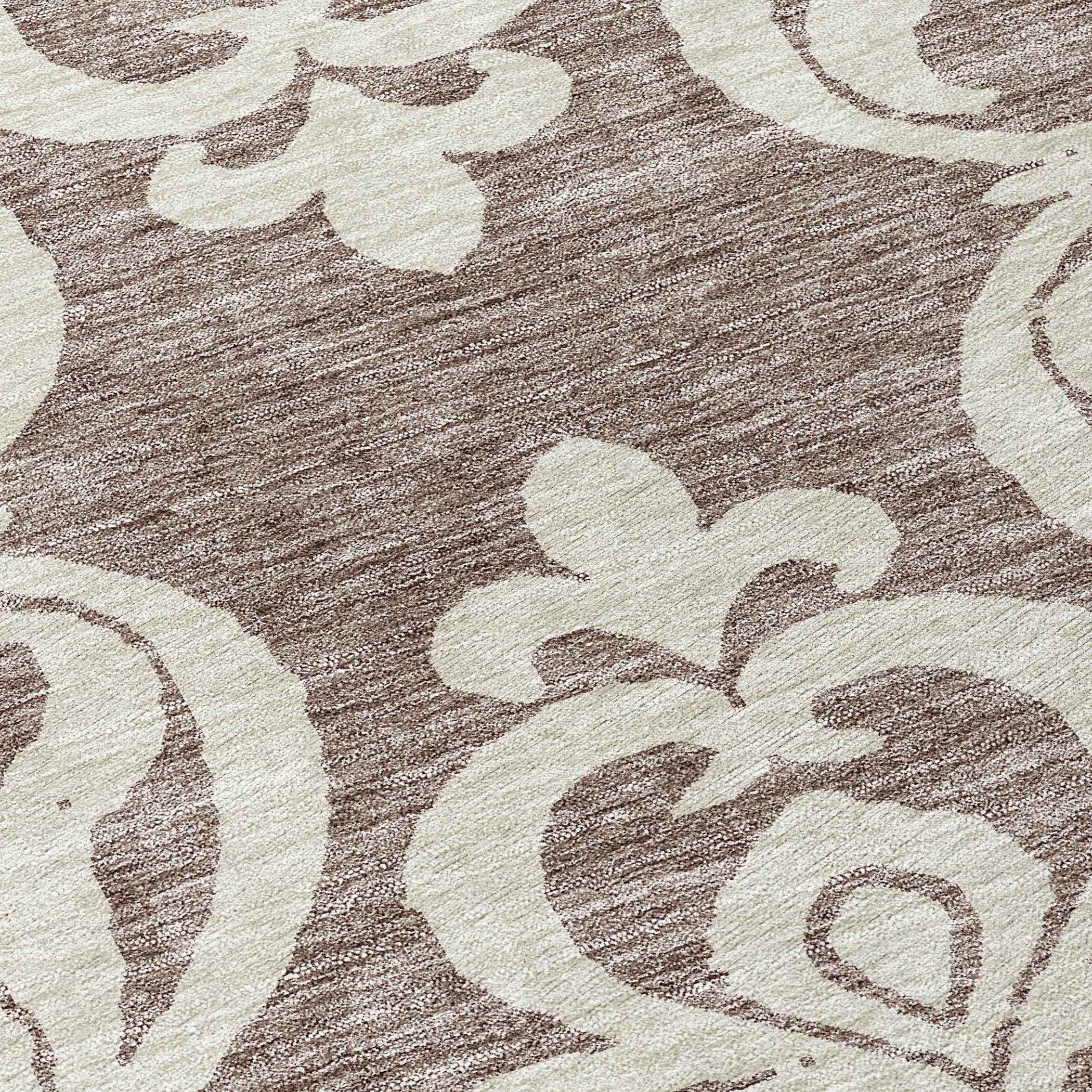 8' Taupe And Ivory Round Damask Washable Indoor Outdoor Area Rug