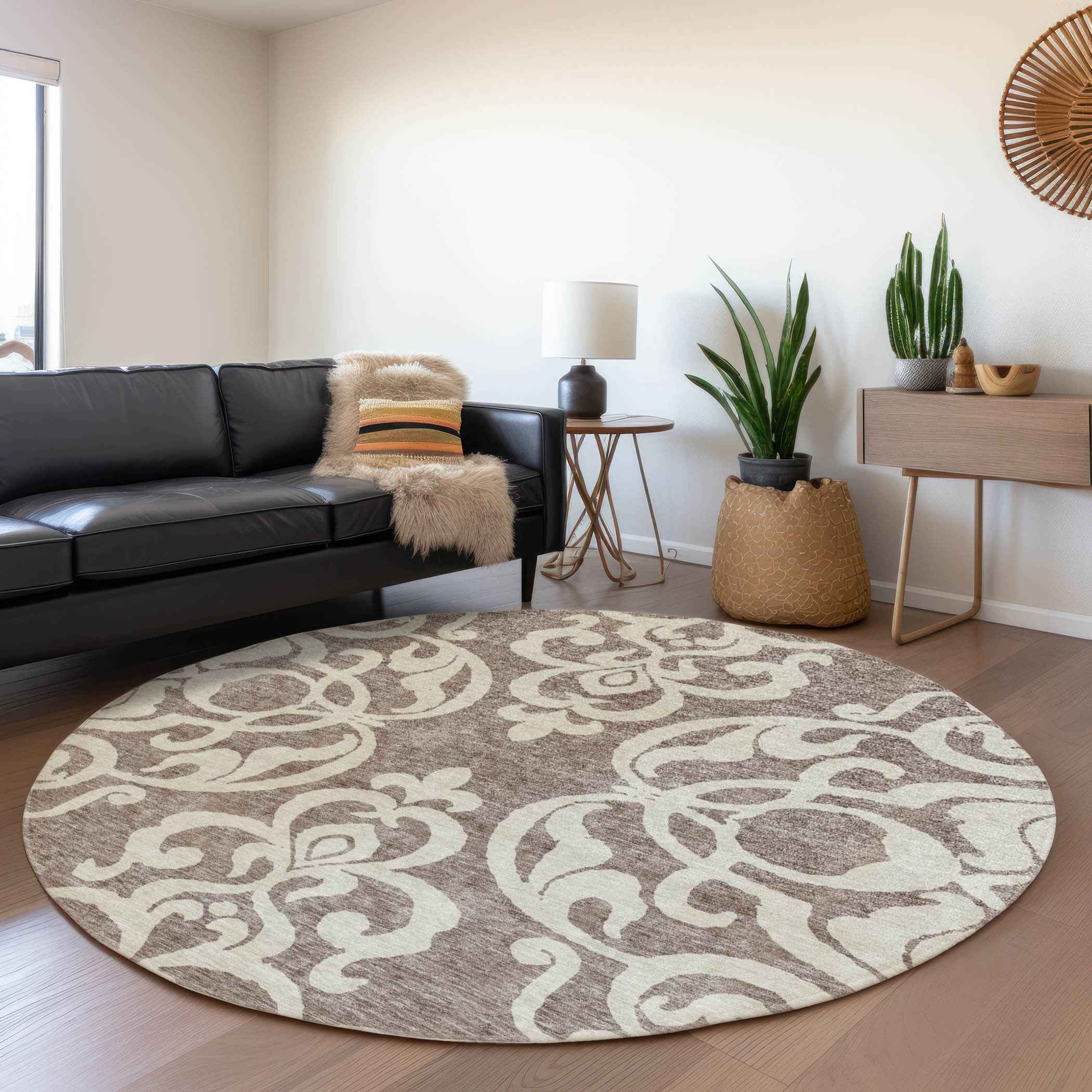 8' Taupe And Ivory Round Damask Washable Indoor Outdoor Area Rug