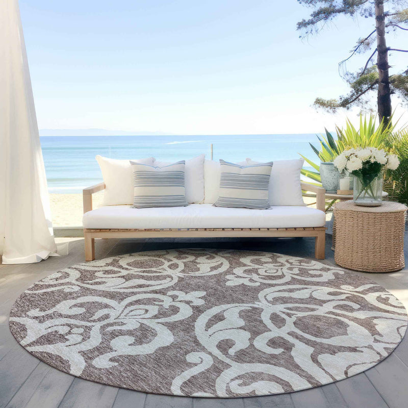 8' Taupe And Ivory Round Damask Washable Indoor Outdoor Area Rug