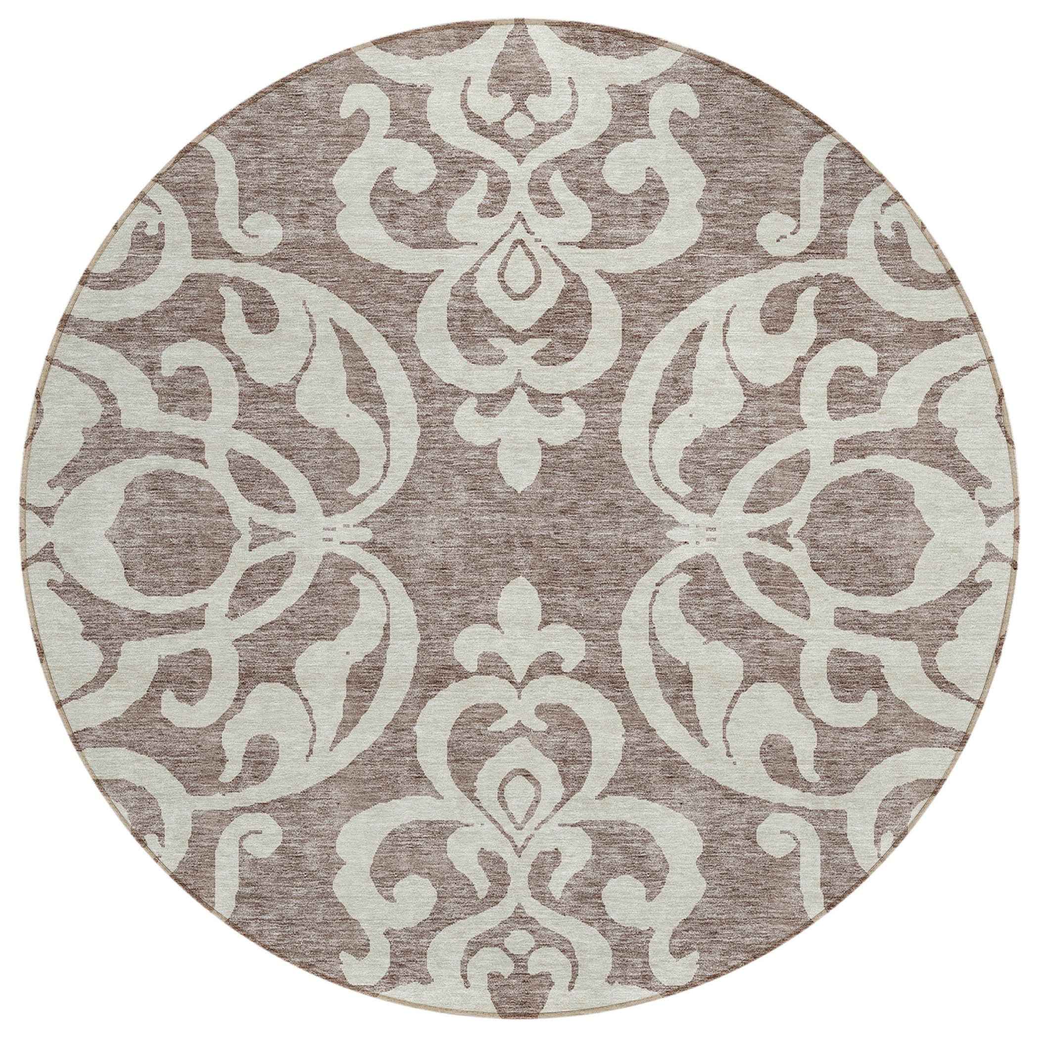 8' Taupe And Ivory Round Damask Washable Indoor Outdoor Area Rug