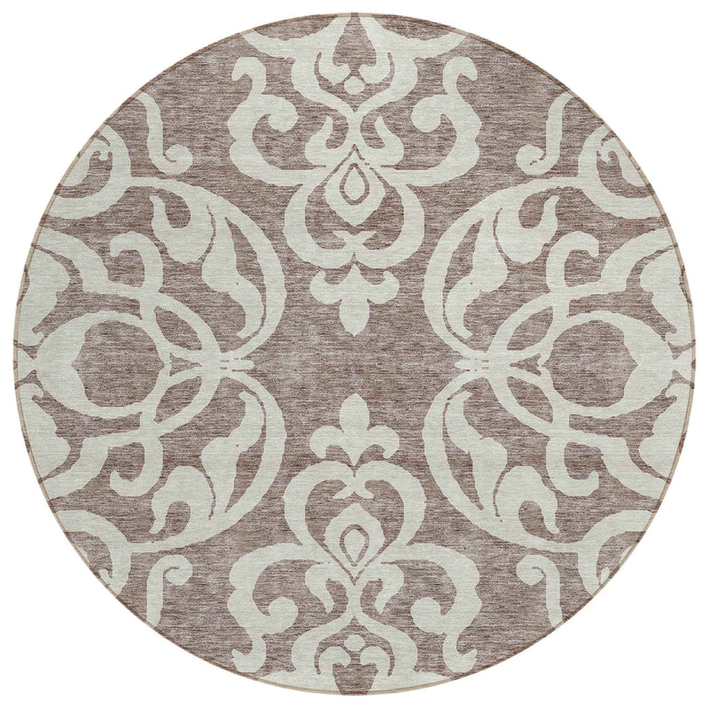 8' Taupe And Ivory Round Damask Washable Indoor Outdoor Area Rug