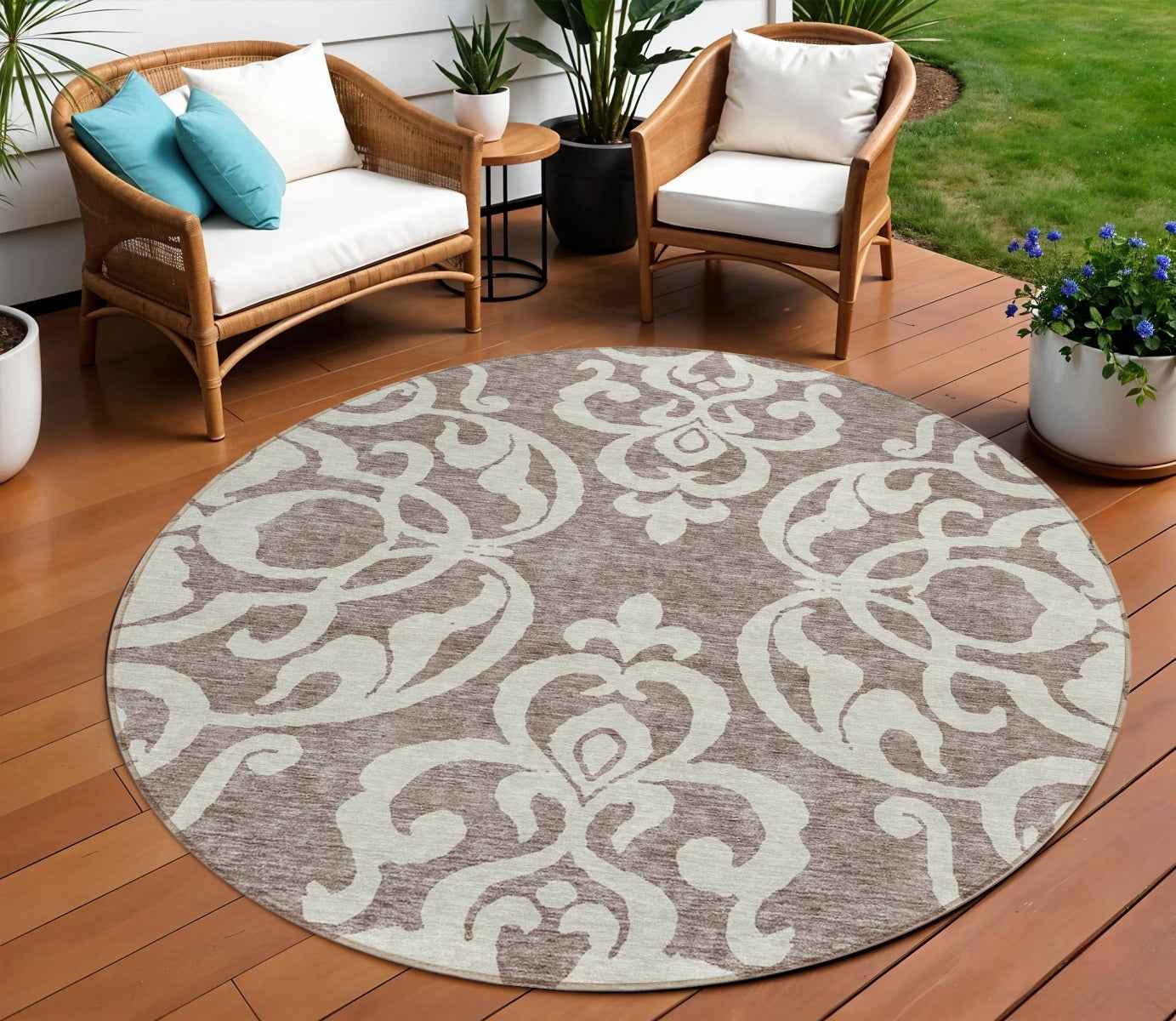 8' Taupe And Ivory Round Damask Washable Indoor Outdoor Area Rug