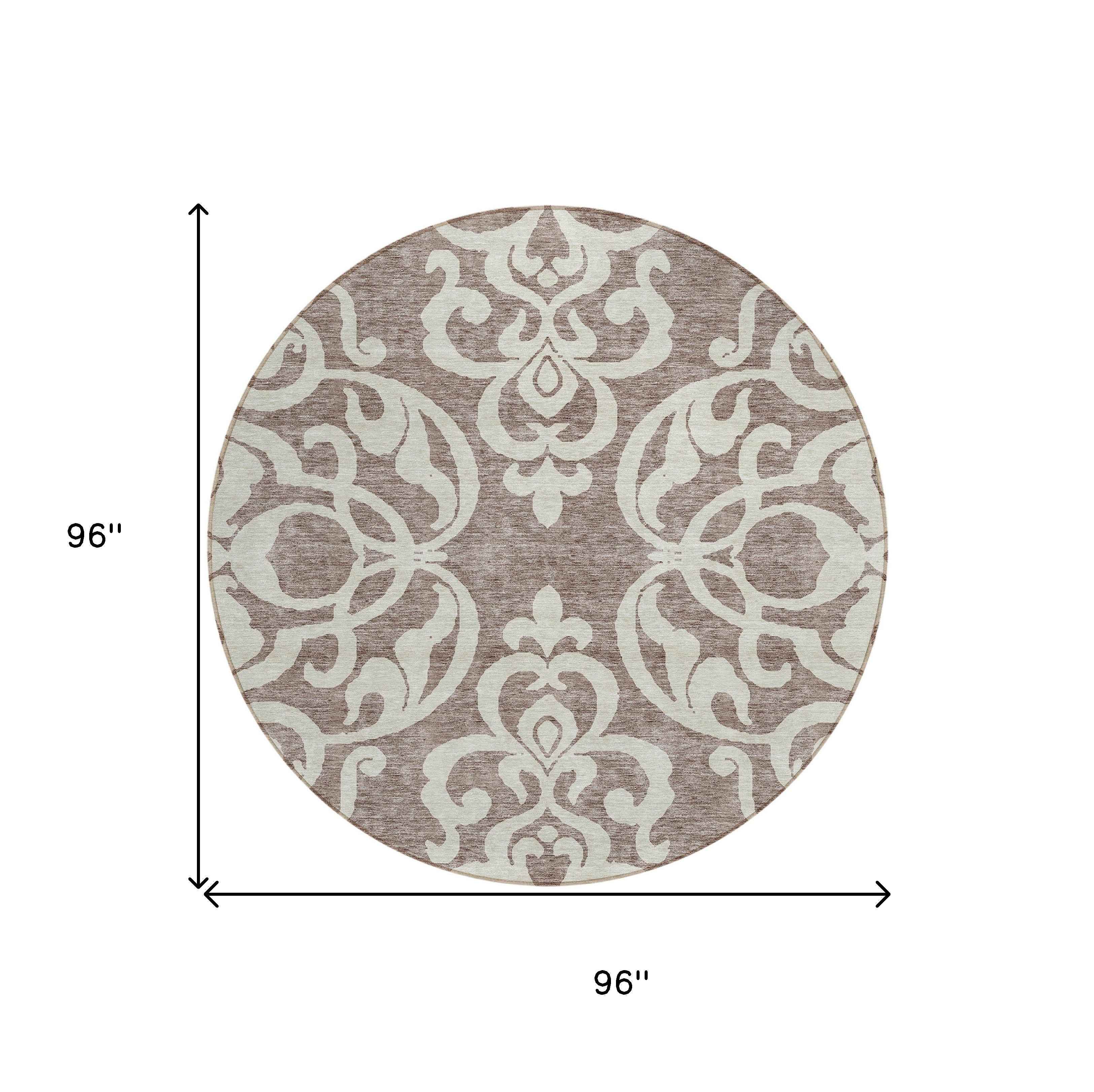 8' Taupe And Ivory Round Damask Washable Indoor Outdoor Area Rug