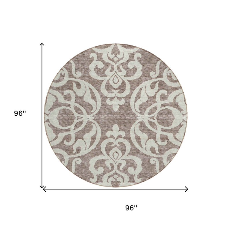 8' Taupe And Ivory Round Damask Washable Indoor Outdoor Area Rug