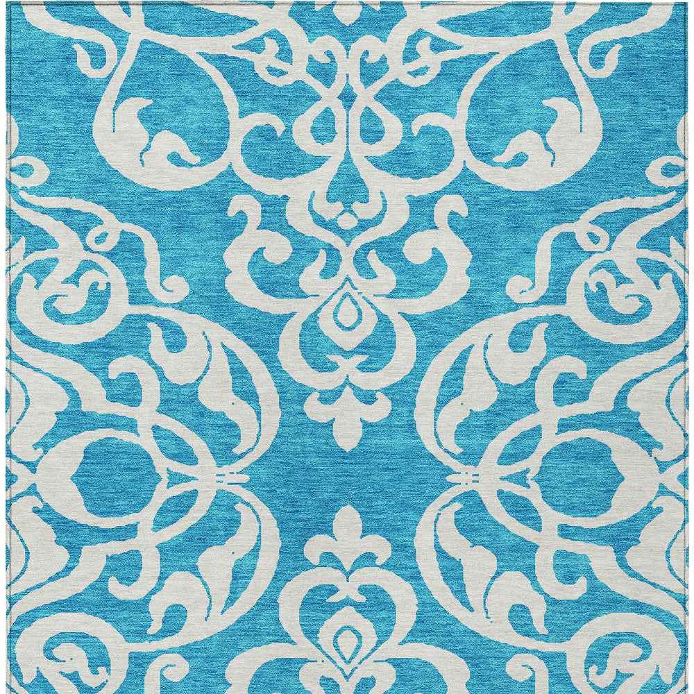 10' X 14' Turquoise And Ivory Damask Washable Indoor Outdoor Area Rug
