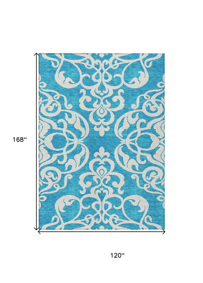 10' X 14' Turquoise And Ivory Damask Washable Indoor Outdoor Area Rug