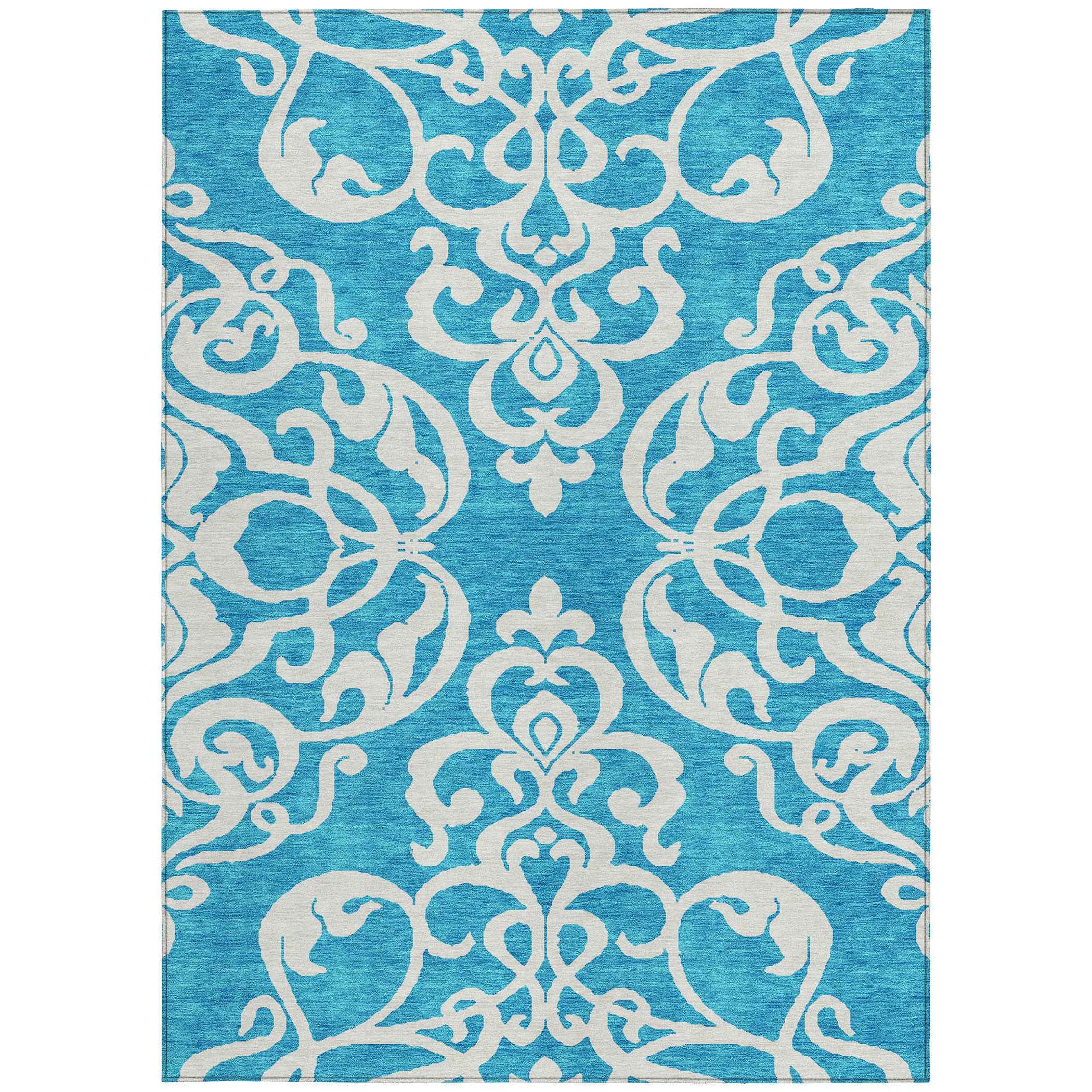 10' X 14' Turquoise And Ivory Damask Washable Indoor Outdoor Area Rug