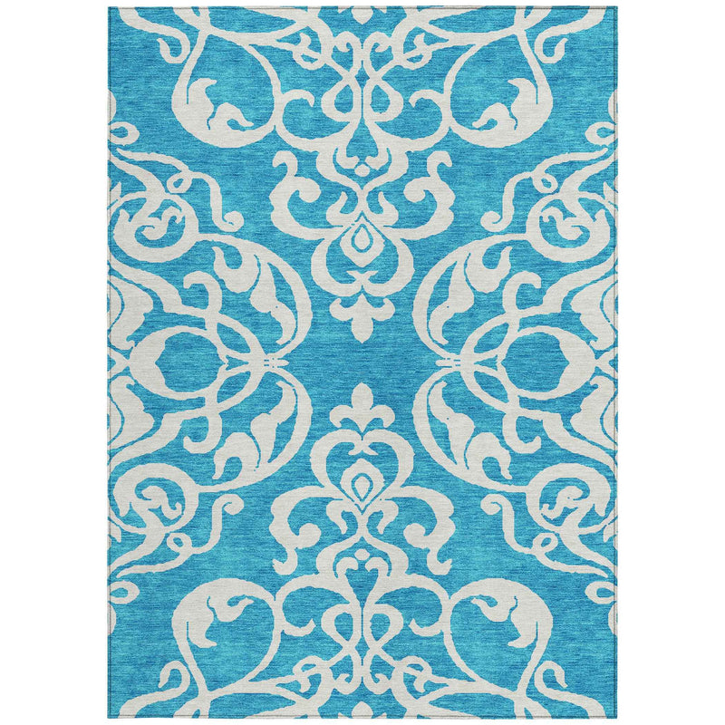 10' X 14' Turquoise And Ivory Damask Washable Indoor Outdoor Area Rug