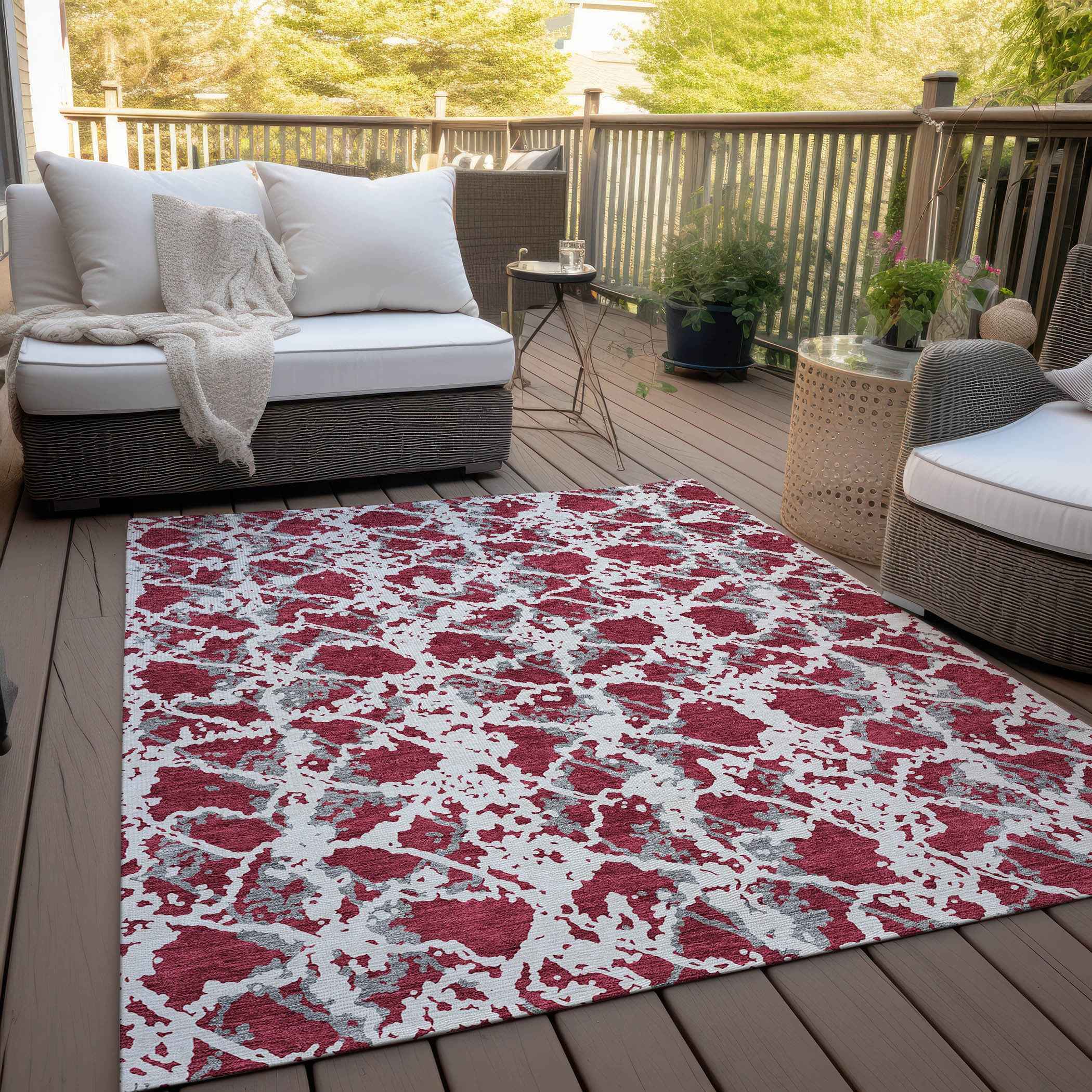 8' X 10' Burgundy And Ivory Abstract Washable Indoor Outdoor Area Rug