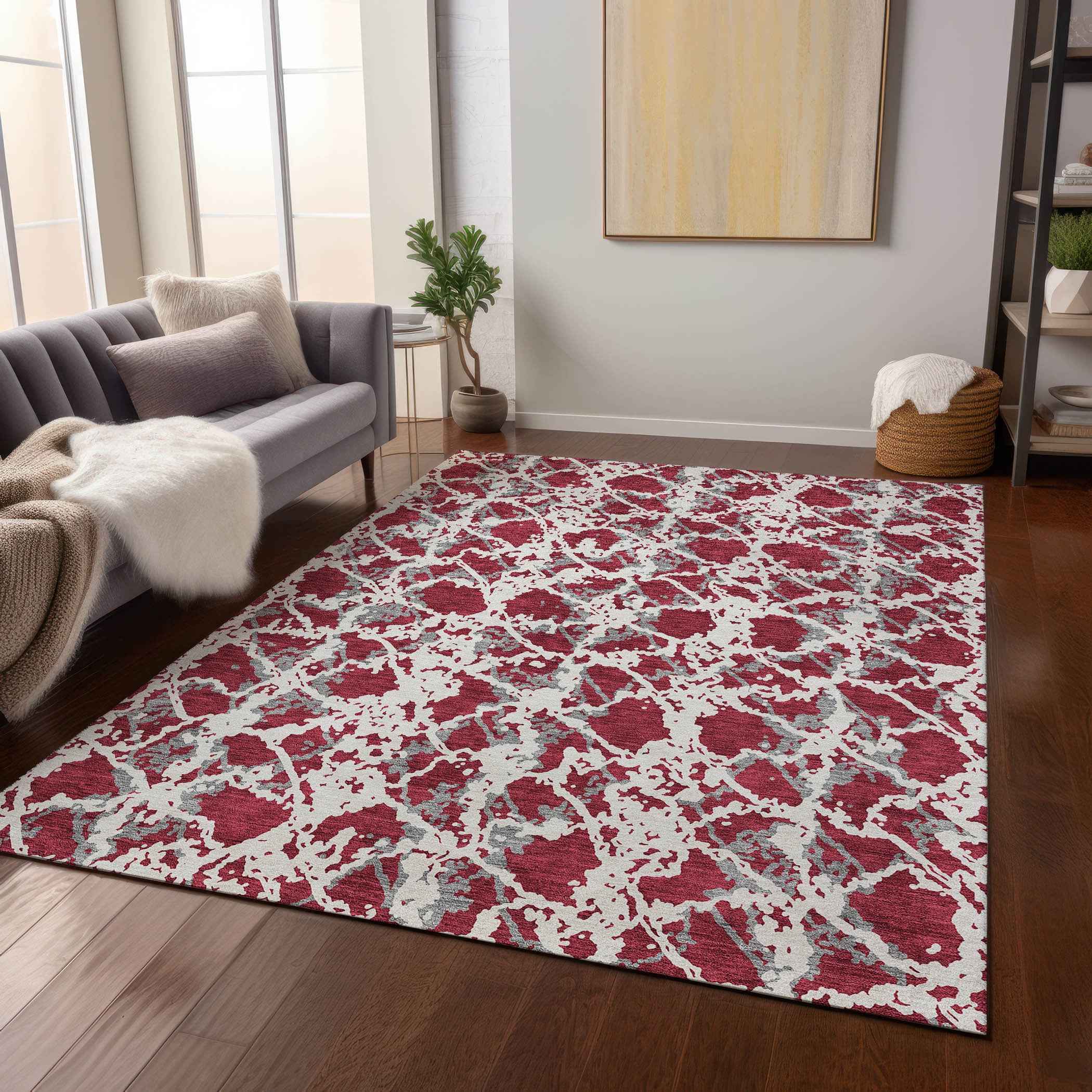 8' X 10' Burgundy And Ivory Abstract Washable Indoor Outdoor Area Rug
