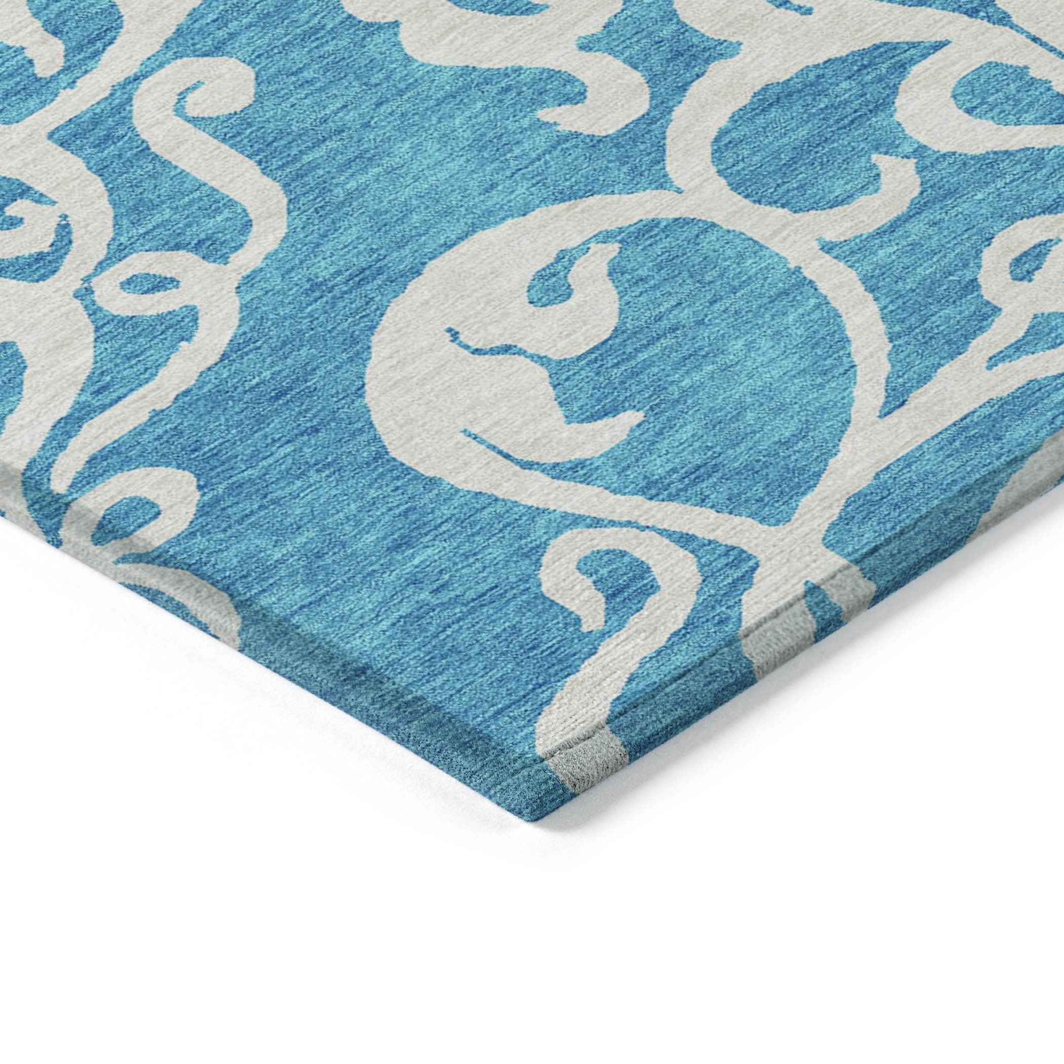 9' X 12' Turquoise And Ivory Damask Washable Indoor Outdoor Area Rug