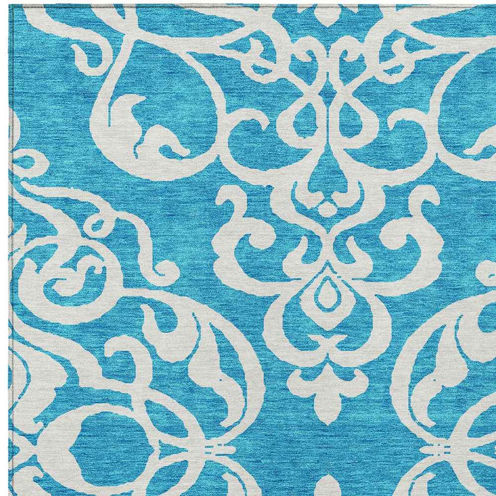 9' X 12' Turquoise And Ivory Damask Washable Indoor Outdoor Area Rug