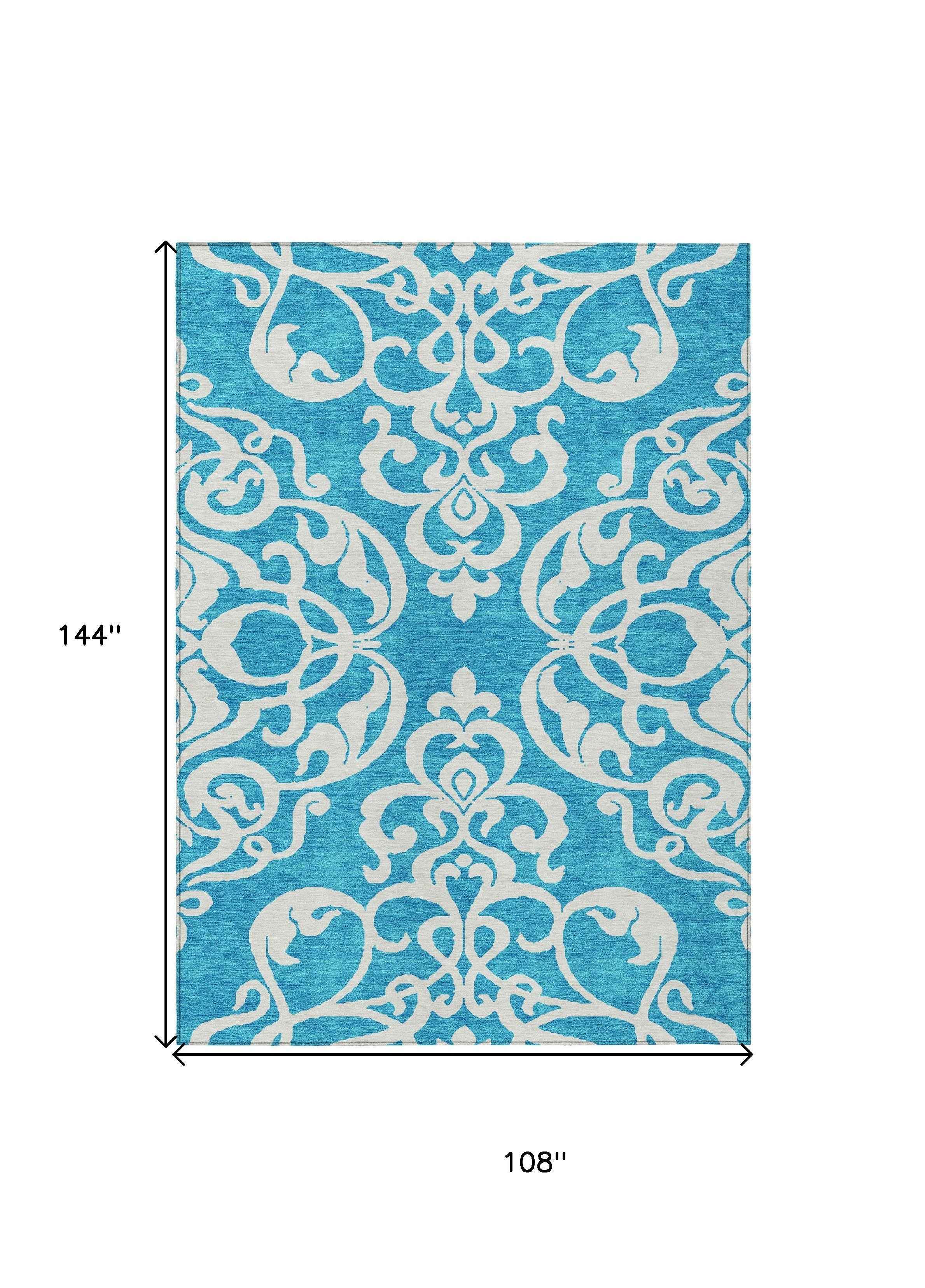 9' X 12' Turquoise And Ivory Damask Washable Indoor Outdoor Area Rug